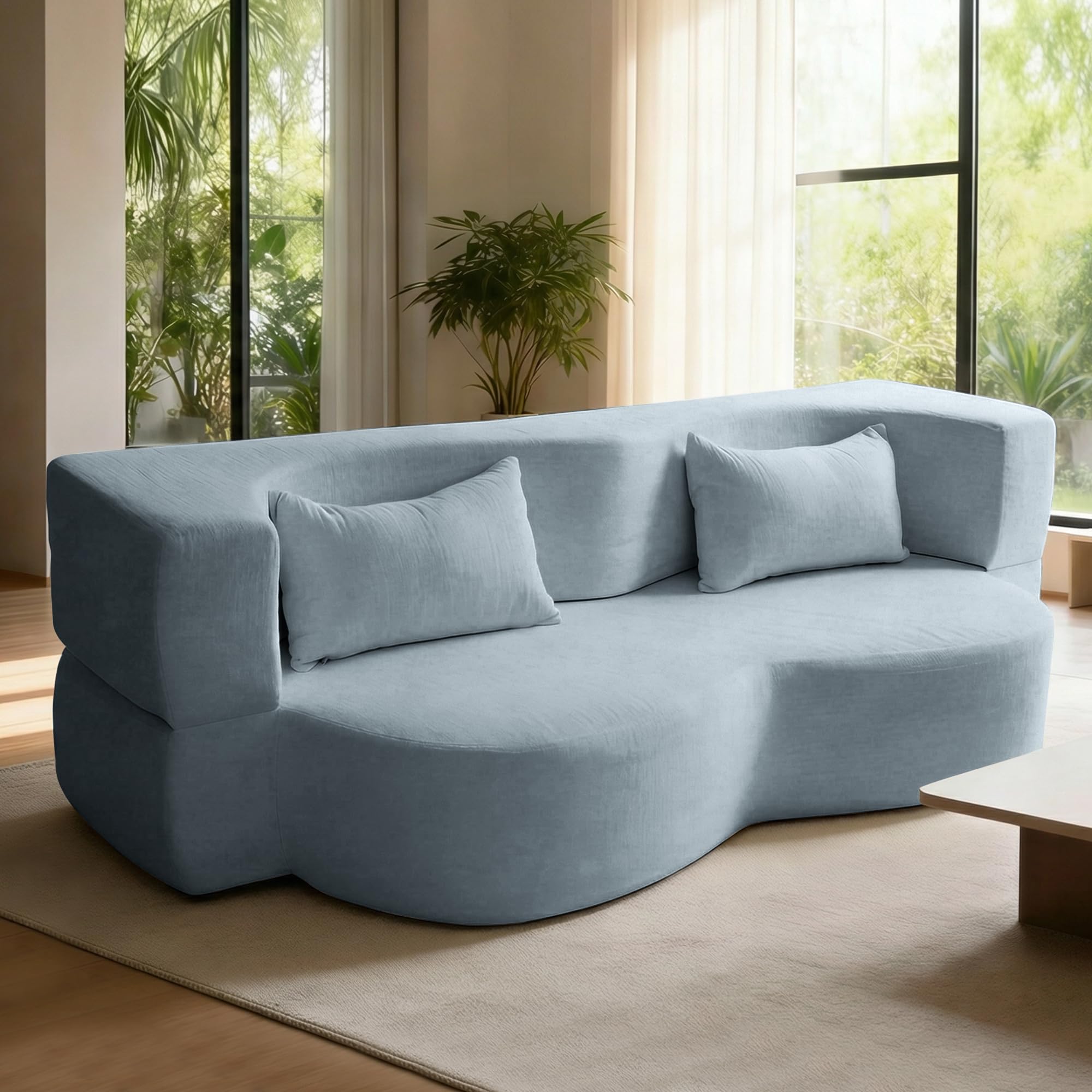 78 35 Modern 2-in-1 Convertible Curved Loveseat Sofa Bed Floor Love Seat Couch Teddy Fabric Memory Foam Cloud