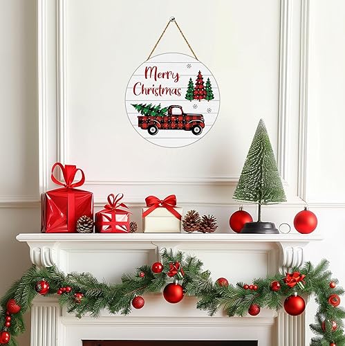 Miniatura 5 de Decoraciones de Navidad para Puertas Interiores, Letrero de Feliz Navidad con Patrón de Cuadros Buffalo, Camión, Árbol, Decoración de Pared,