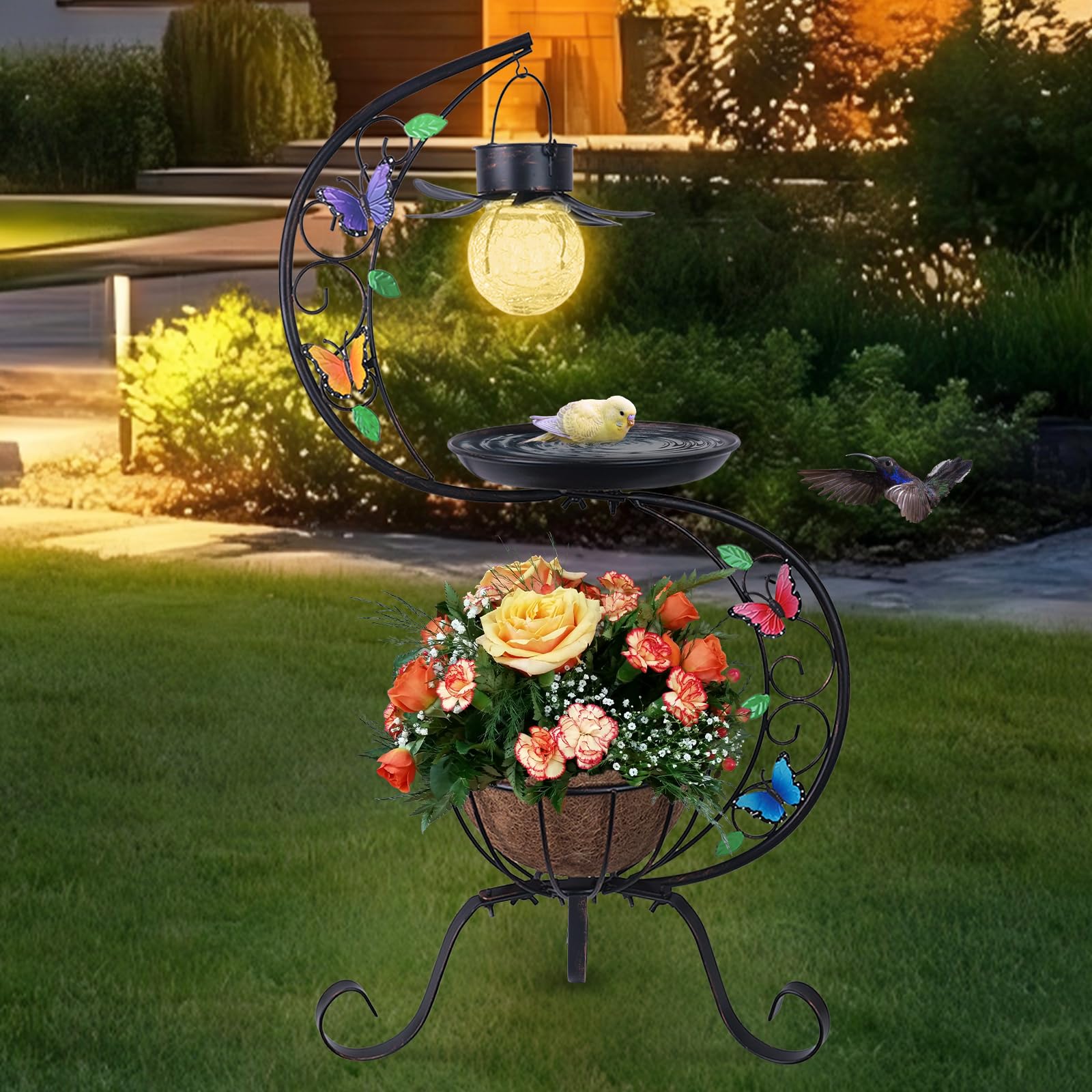hogardeck Vogeltränke für Außen mit Solarlampe, Metall-Vogeltränke für den Außenbereich mit Blumen-Pflanzgefäß-Sockel, Vintage-Vogeltränke für Garten, Hof, Terrasse, Rasen-Dekor