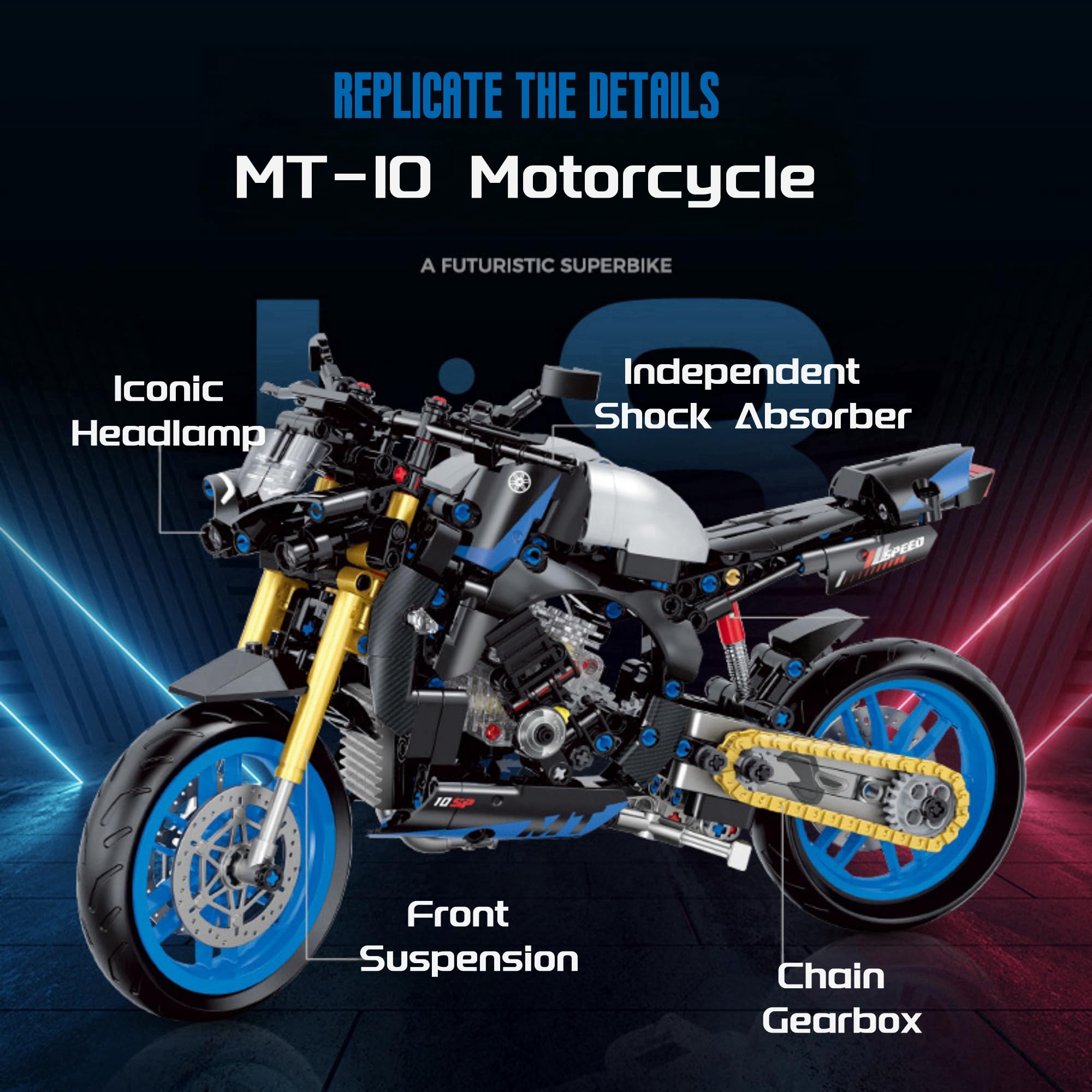 JVAVNE Technik Racing Motorcycle Building Blocks Set, 1:8 Simulation Motorbike - Image 4