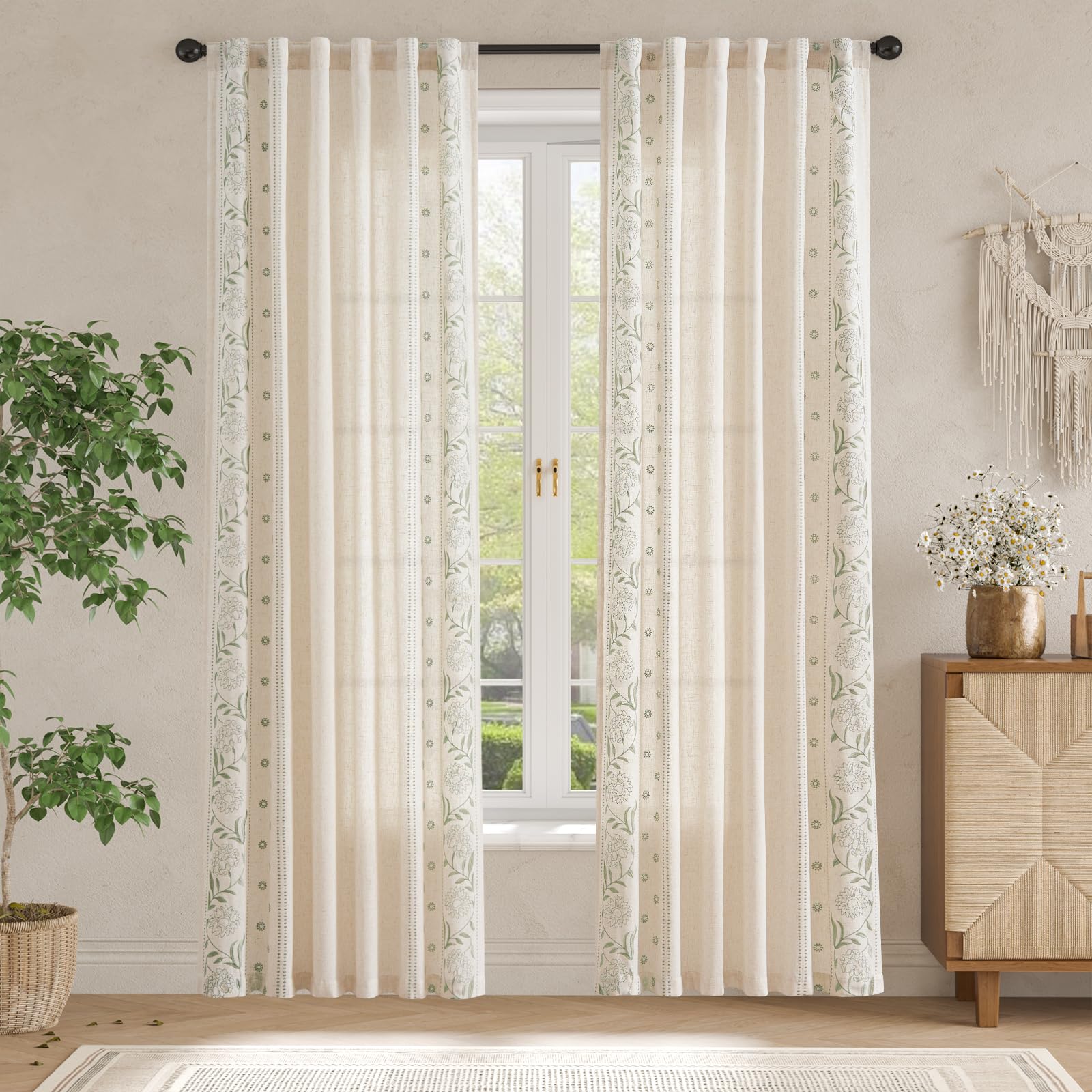 jinchan winslow linen curtains for bedroom 84 inches length embroidered bordered floral curtains for living room farmhouse decor light filtering window treatments sage on beige drapes 2 panels