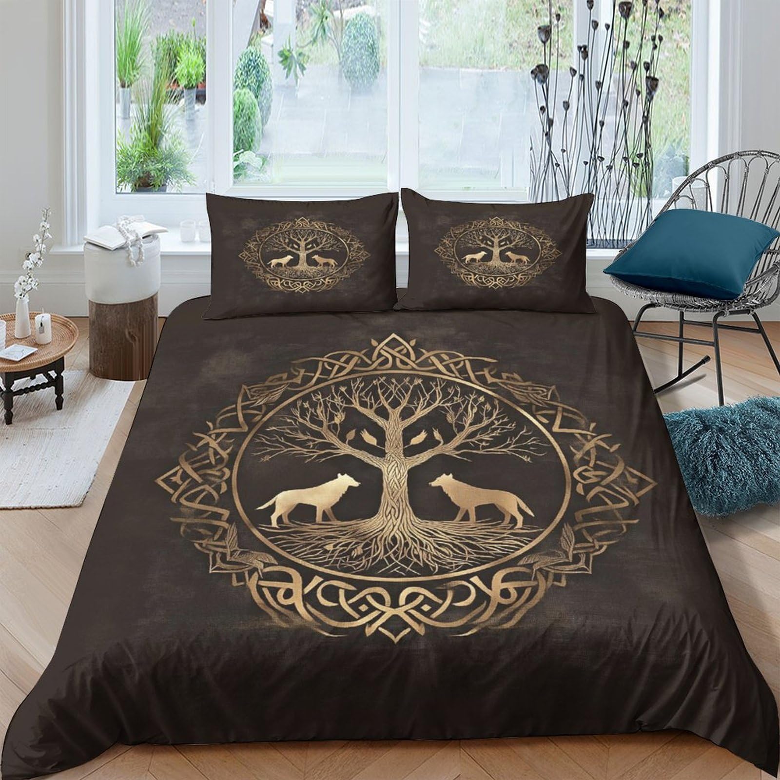 Ctjqhvkz Style-7 3D Printed Nordic Tree Of Life Fitted Sheet Microfiber Soft Brown Wolf Deer Bed Cover Bedroom Decor Single（135X200cm）
