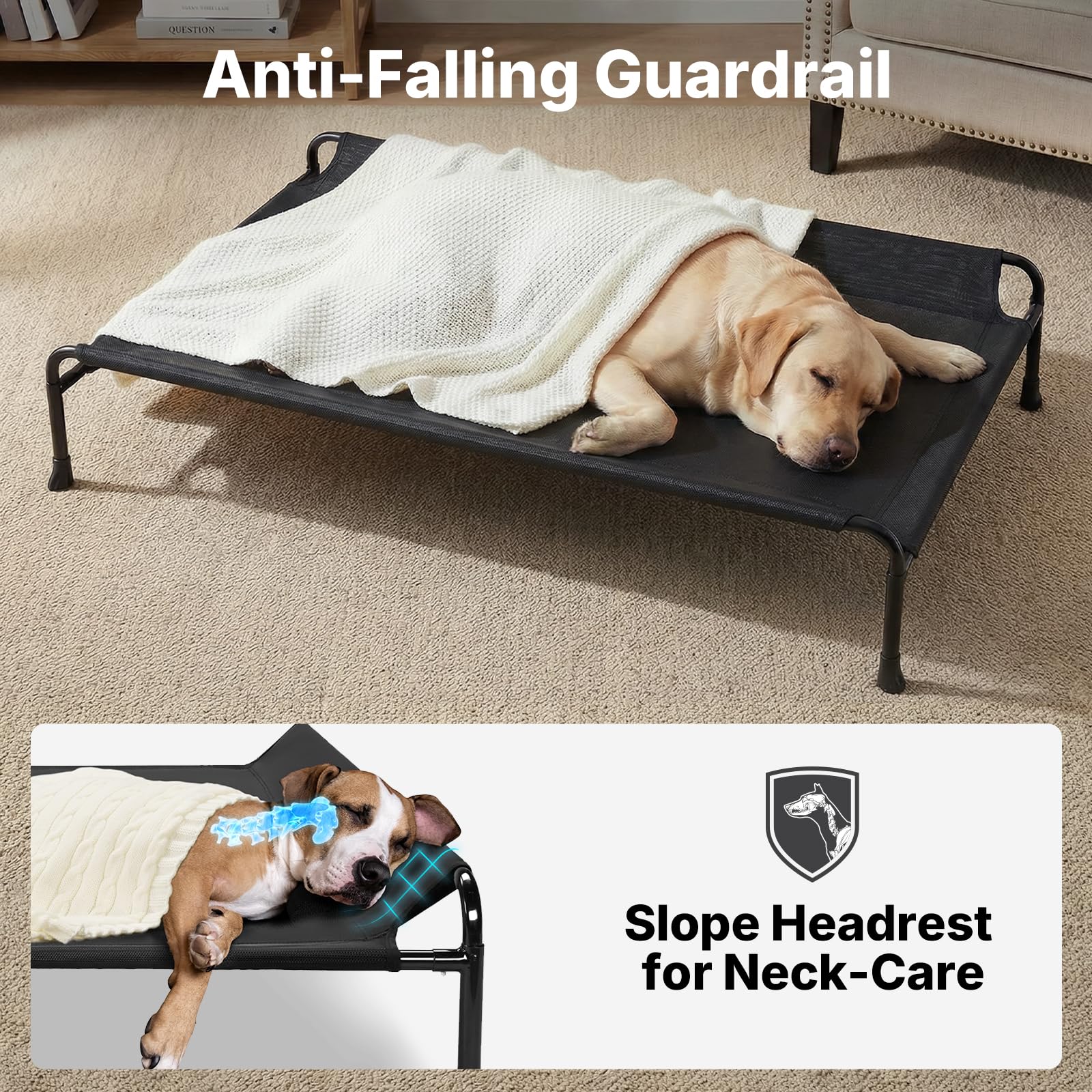 Veehoo Outdoor Dog Bed, Raised Dog Beds for Large Dogs, Elevated Dog Bed with Headrest, Washable Cooling Pet Cot with Non-Skid Feet, Breathable Pet Hammock for Indoor or Camping, 41", Black - image 2