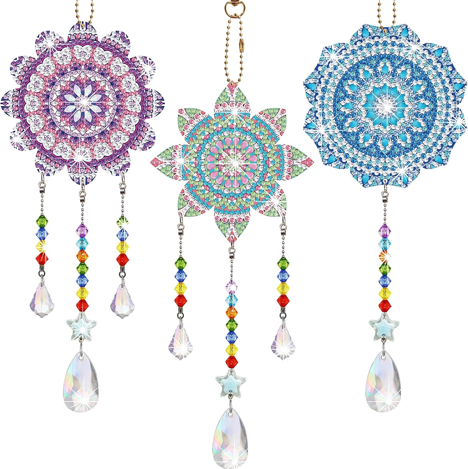 Macarrie 3 Pack Diamond Painting Suncatcher Diamond Art Sets Painting Suncatcher Rhinestone Wind Chime Double Sided Crystal Hang Ornament Flower Crystal Kit Gifts for DIY Window(Fresh Style)