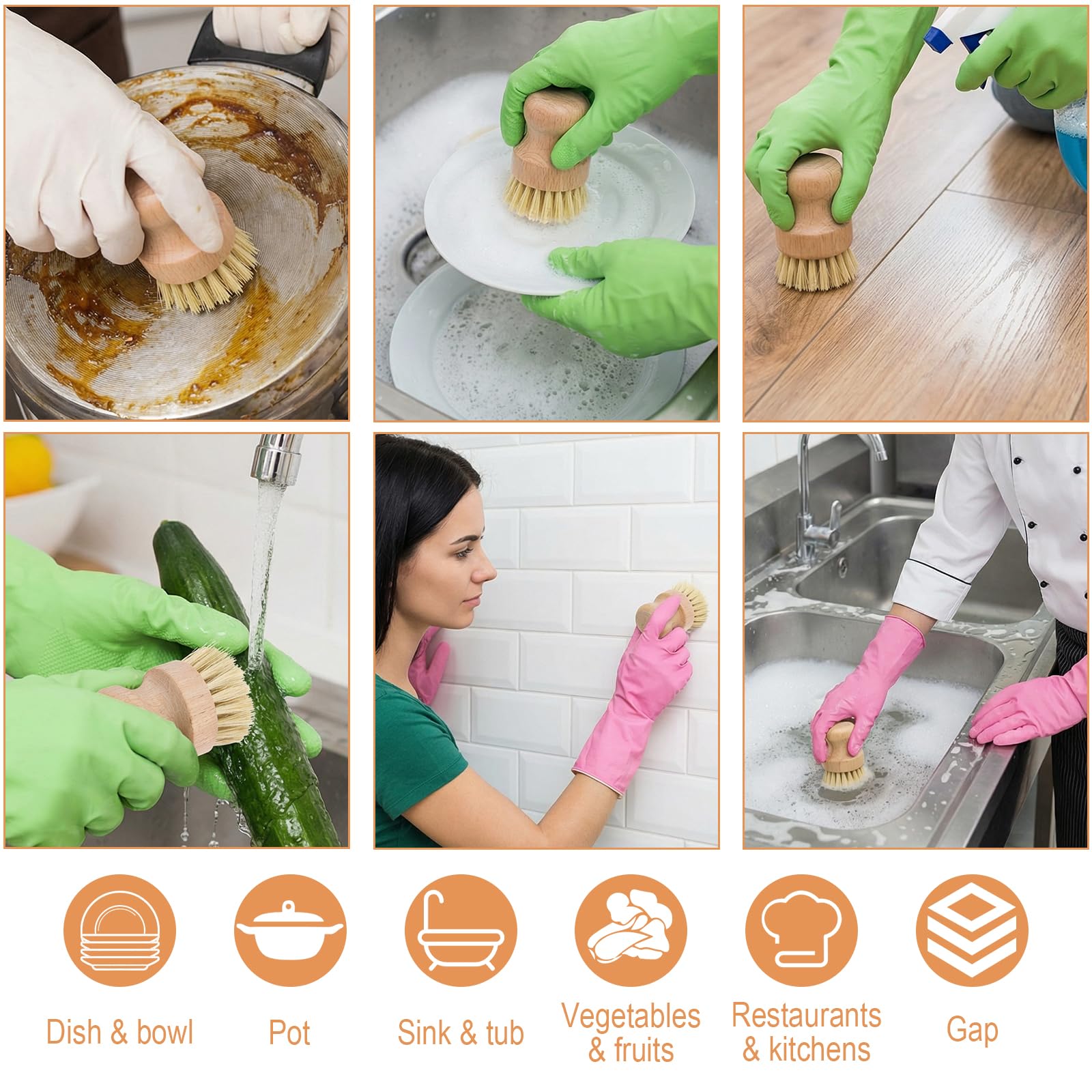 Lot de 12 brosses à récurer en bambou pour vaisselle, 2 brosses à vaisselle naturelles avec poils en sisal, brosse à vaisselle en bois pour casseroles, poêles et légumes, outils de