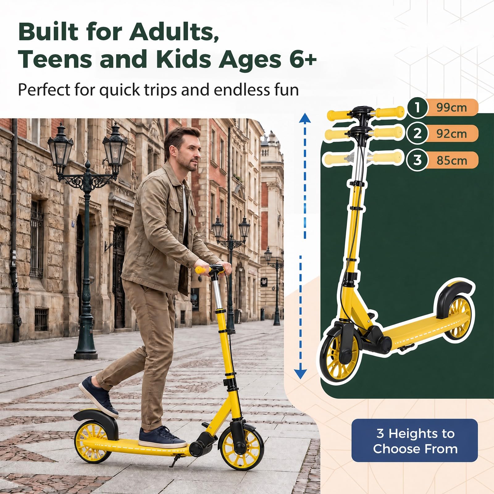 HOMASIS Trottinette Enfant et Adulte, Trottinette Pliable avec 2 Roues Lumineuses, Guidon Réglable en 3 Hauteurs, Béquille, Cadre en Aluminium, Plateforme Antidérapante, Charge 100 kg, 6+ Ans