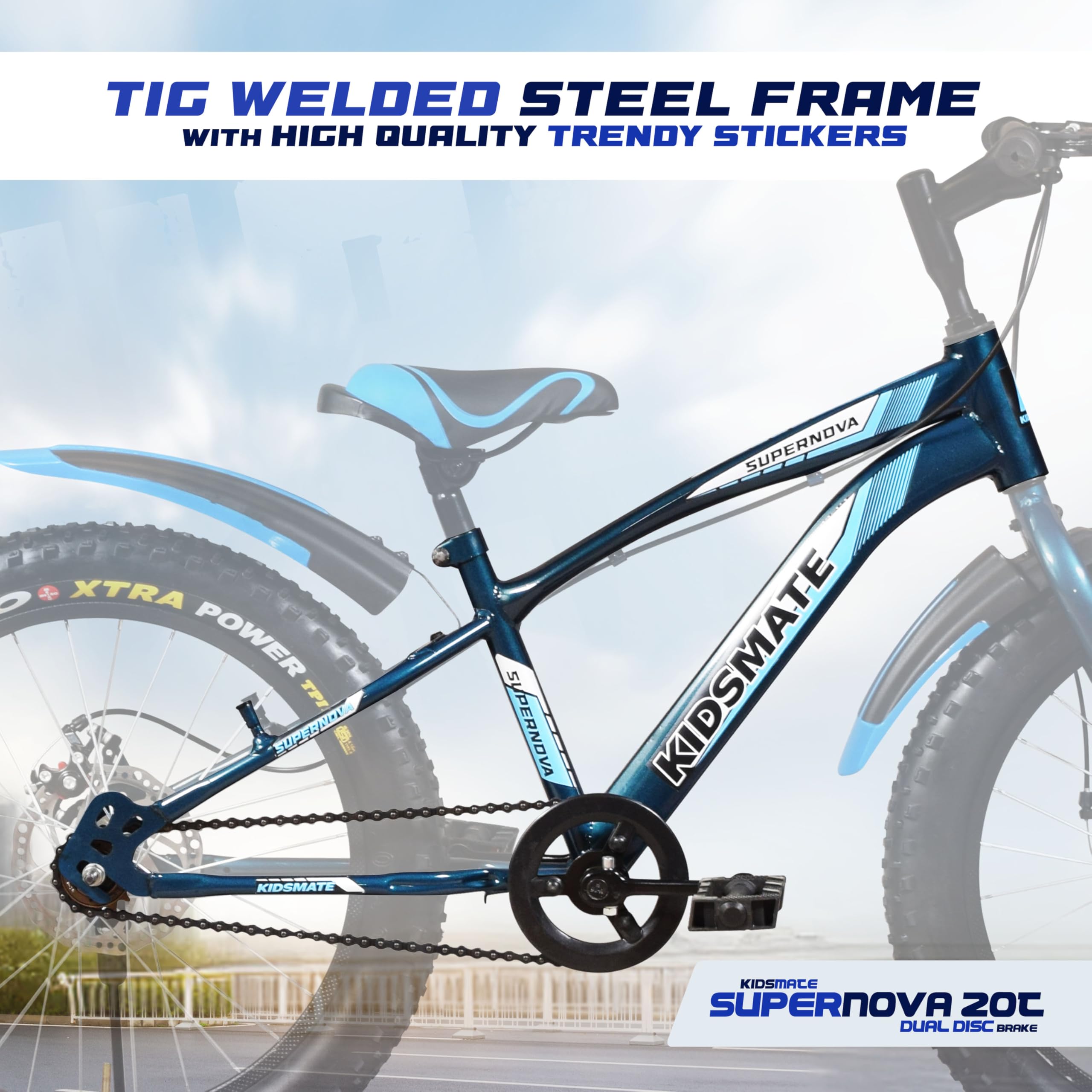 Kidsmate Supernova 20T Fat (20 x 3.0) Tire Cycle for Kids 7–10 Years | Dual Disc Brake Bicycle with Rigid Fork | Wide Tyres, Strong Steel Frame Bike for Kids - Stelios Blue — Amazon image 3