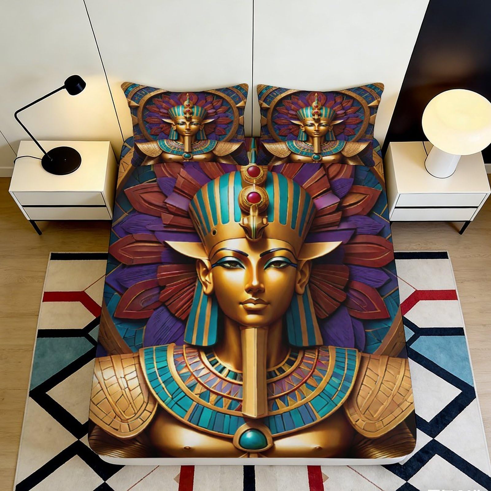 3D Printed Egyptian Pharaoh Fitted Sheet Microfiber Deep Pocket Non-Slip Egyptian Mattress Fitted Cover Bedroom Bedding 90x200x25cm