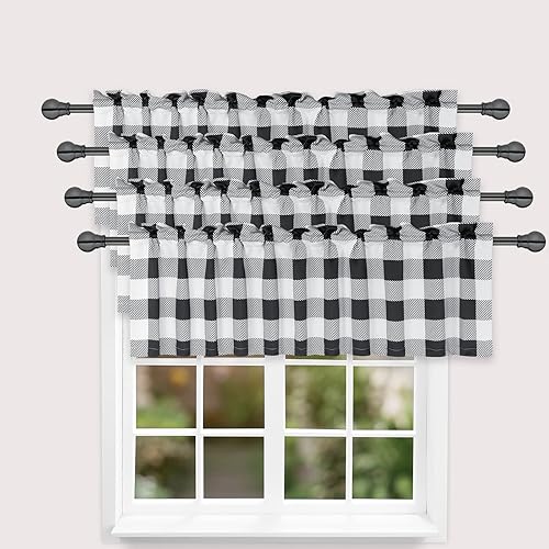 Simple Deluxe Paquete de 4 cenefas opacas de cuadros búfalo para ventanas de cocina, sala de estar, casa de campo, dormitorio, cenefa de cortina con