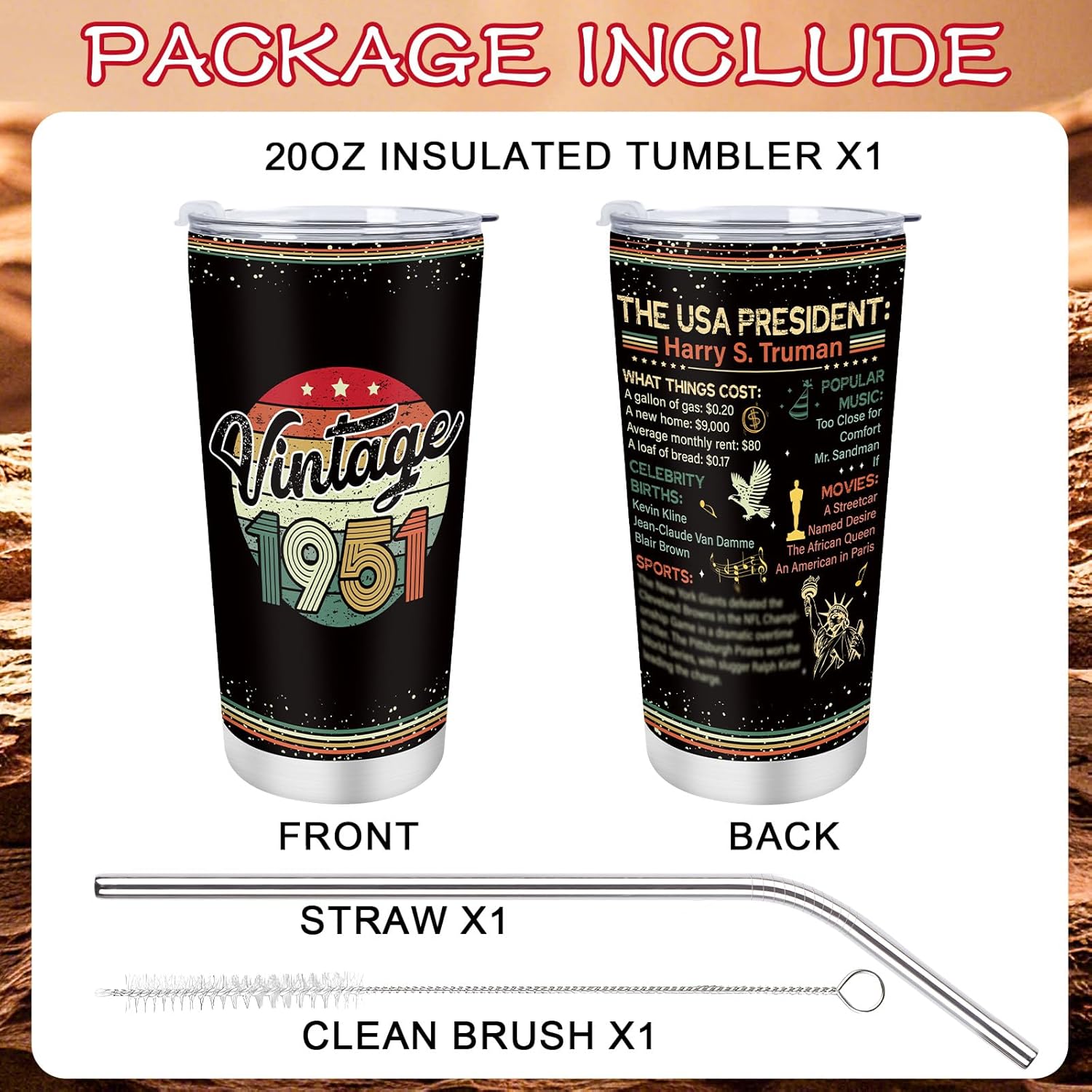 75th Birthday Gifts for Men Women 75 Year Old Gifts Idea for Him Her, 20oz Vintage 1951 Tumbler with Lid Straw, Turning 75th Happy Birthday Presents for Husband Wife Dad Mom Grandpa Grandma - Image 2