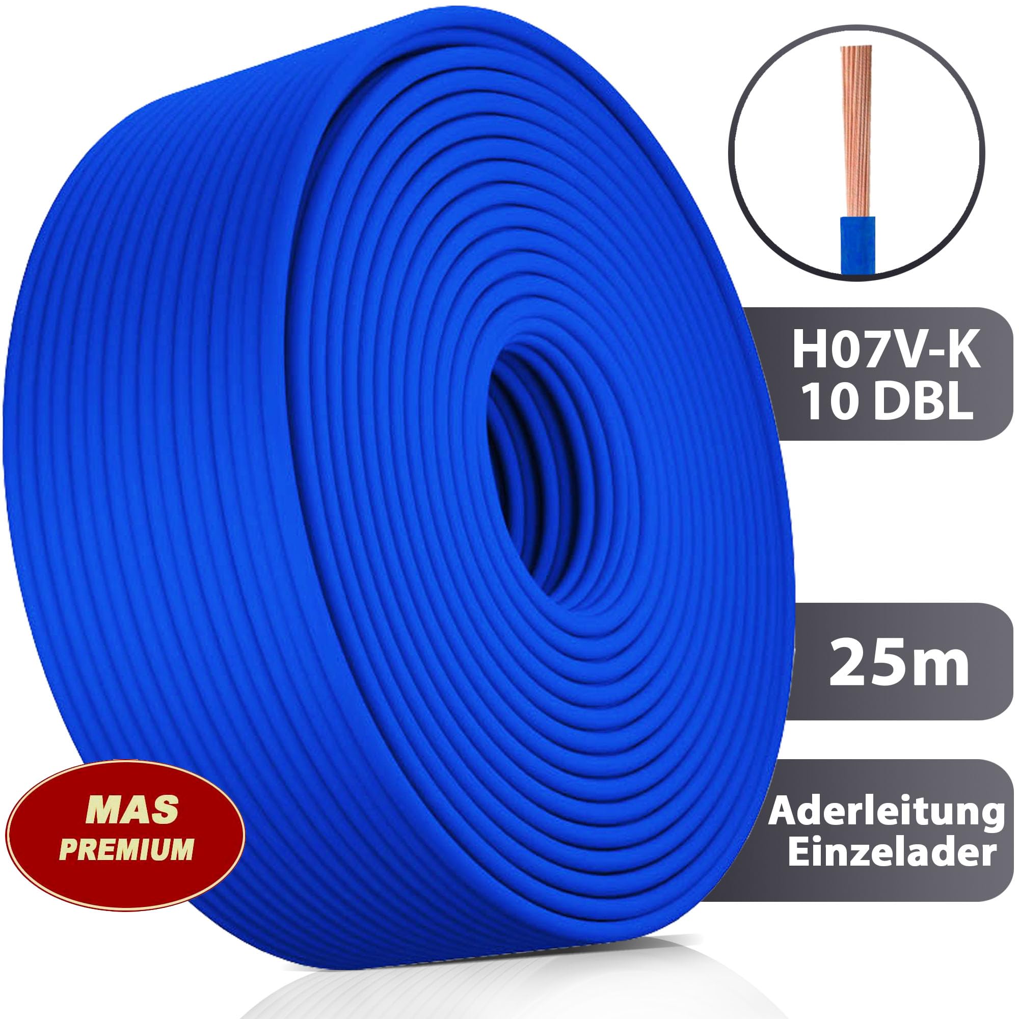 MAS Premium Przewód żyłowy od 5 do 100 m H07 V-K 10 mm², czarny, brązowy, ciemnoniebieski, zielono-żółty, jasnoniebieski lub czerwony, elastyczny (ciemnoniebieski, 25 m)