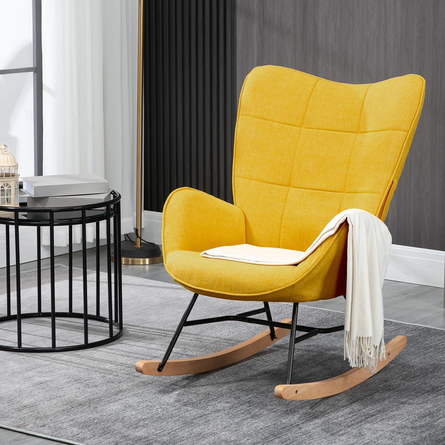 MEUBLE COSY Silla Mecedora Sillón de Relax Especial Lactancia Butaca Acolchada con reposabrazos, Respaldo Alto, de Tela con Patas de Madera Metal, para salón, Dormitorio, Amarillo