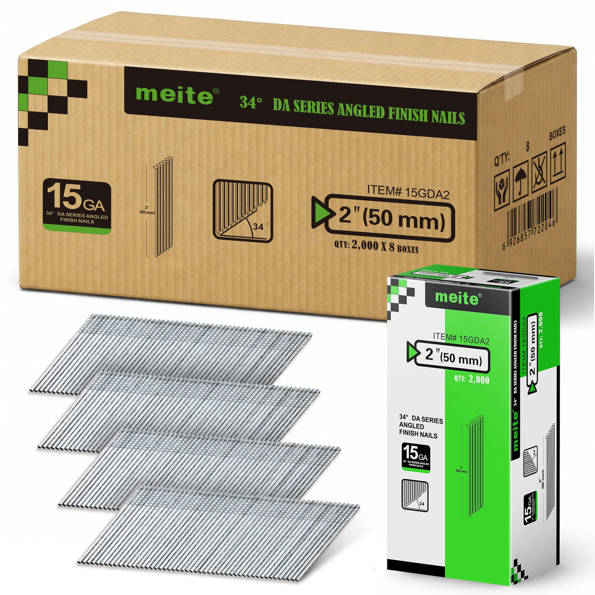 meite 15 Gauge Angled Finish Nails 2 Inch 34 Degree Galvanized 16,000PCS