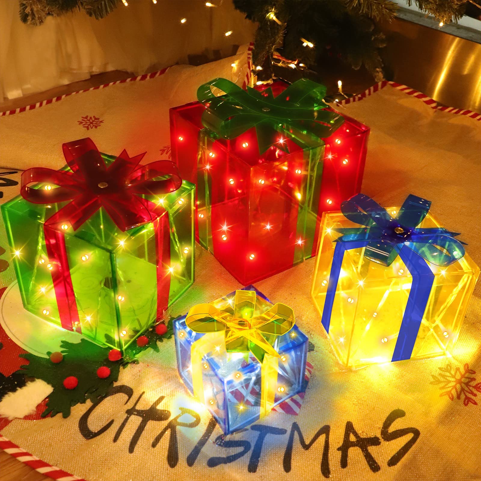 TURNMEON 3 Pcs 70 LED Christmas Lighted Gift Boxes Decorations,Transparent Plug in Light up Present Box Christmas Decorations Xmas Tree Yard Home Outdoor Indoor Decor Holiday Party (image similar)