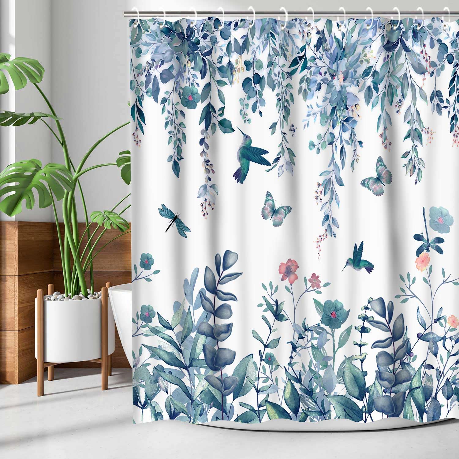 Floral Blue Green Eucalyptus Leaves Shower Curtain for Bathroom Watercolor Flower Polyester Fabric Shower Curtains Hummingbird Butterfly Aesthetic