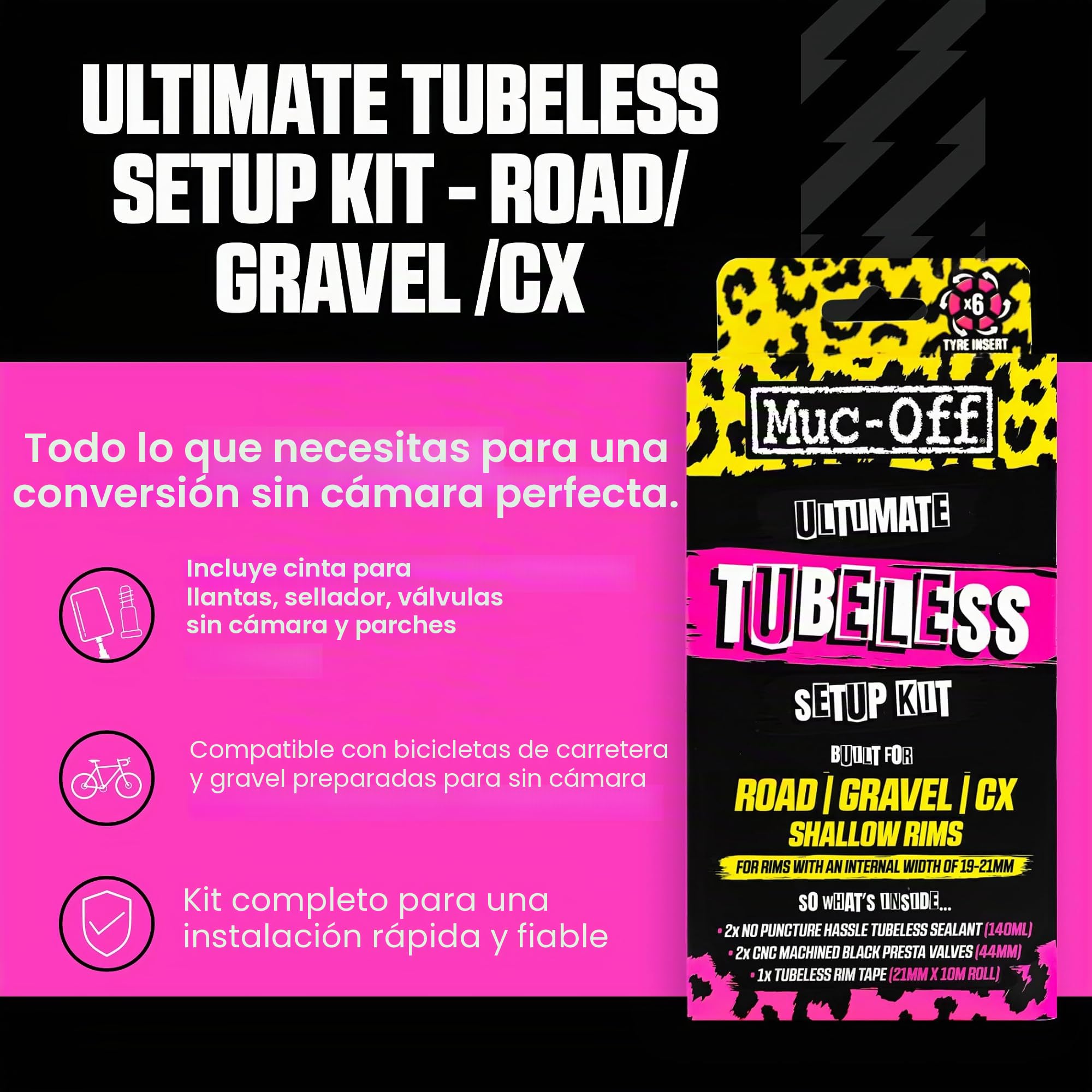 Muc-Off Ultimate Tubeless Setup Kit - Kit Sellador de Neumáticos para Reparación de Rueda de Bicicleta Tubeless, Road/Gravel/CX 44 mm - Con Fondo de Llanta, Parches, Válvulas y Sellador de Ruedas