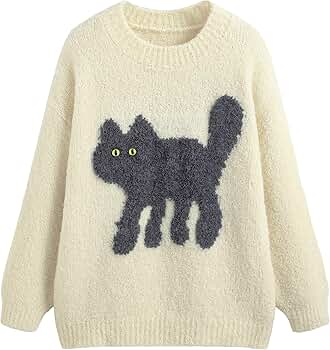 Amazon.com: CIDER Women's Cat Sweater Long Sleeve Crew Neck