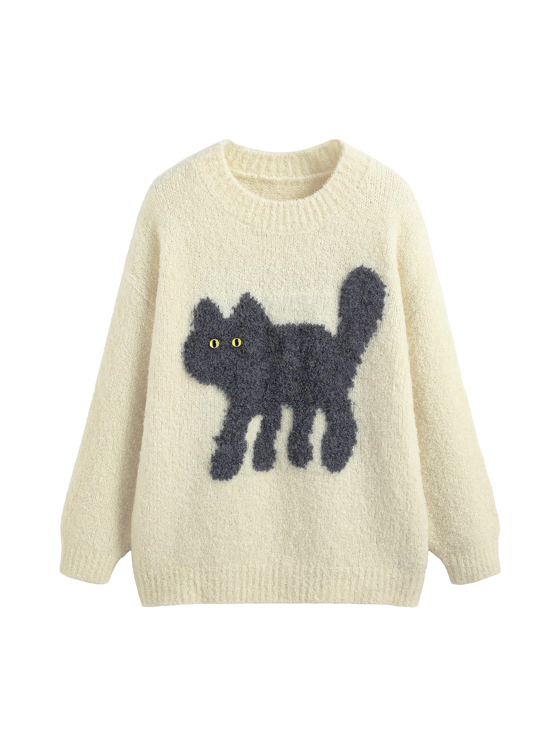 CIDER Womens Cat Sweater Long Sleeve Crew Neck Fun Graphic Cute Patterned Chunky Pullover Sweater Tops