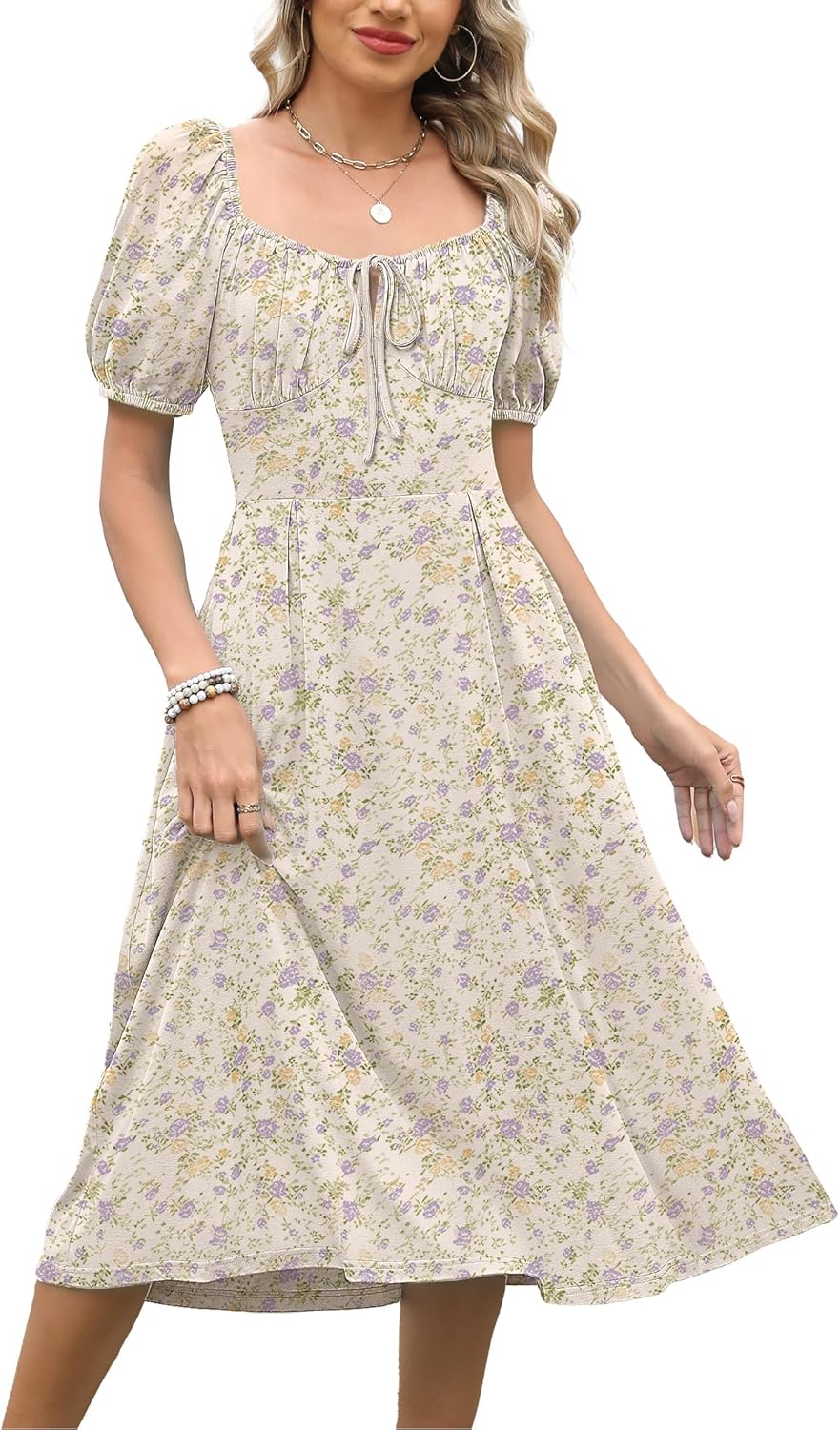 Caracilia Women Summer Casual Midi Dress Puff Short Sleeve Square Neck Floral Wedding Guest Party Graduation Dress