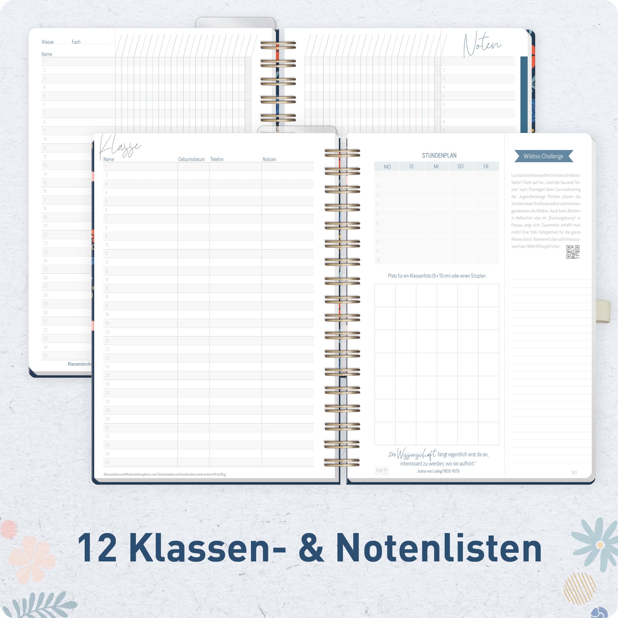 Häfft® Lehrer-Planer 2026/2027 Deluxe A5+ Lehrerkalender mit Hardcover und Spiralbindung, Schulplaner 26/27 für Grundschule, weiterführende Schulen & Referendariat "Flowers & Leaves"