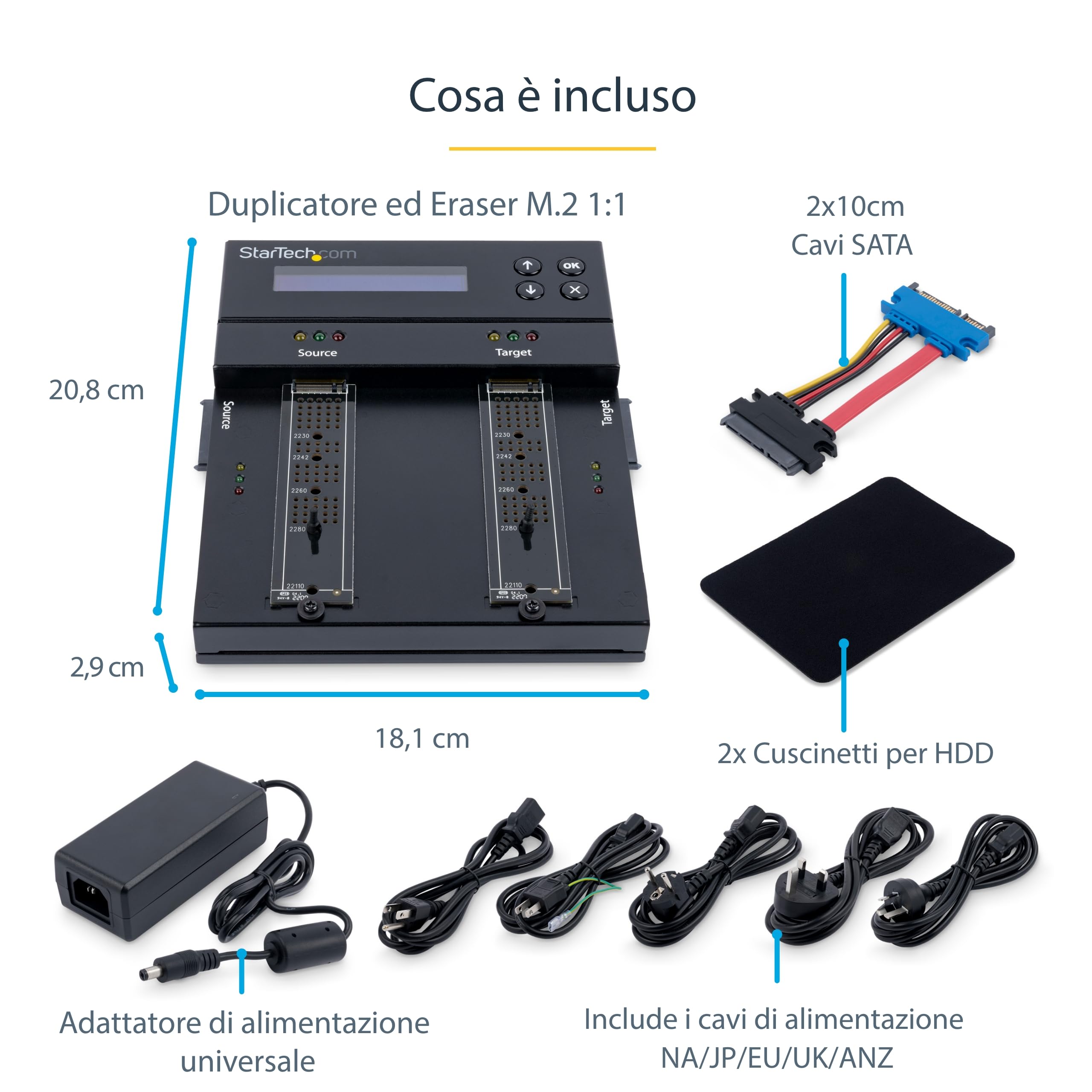 StarTech Duplicatore Eraser M.2 SATA/NVMe e SATA 2,5/3,5" 2 Baie 7,5GB/min | Display OSD Integrato, Compatibile M.2 PCIe, Funziona con Hard Disk e SSD, Indipendente da PC