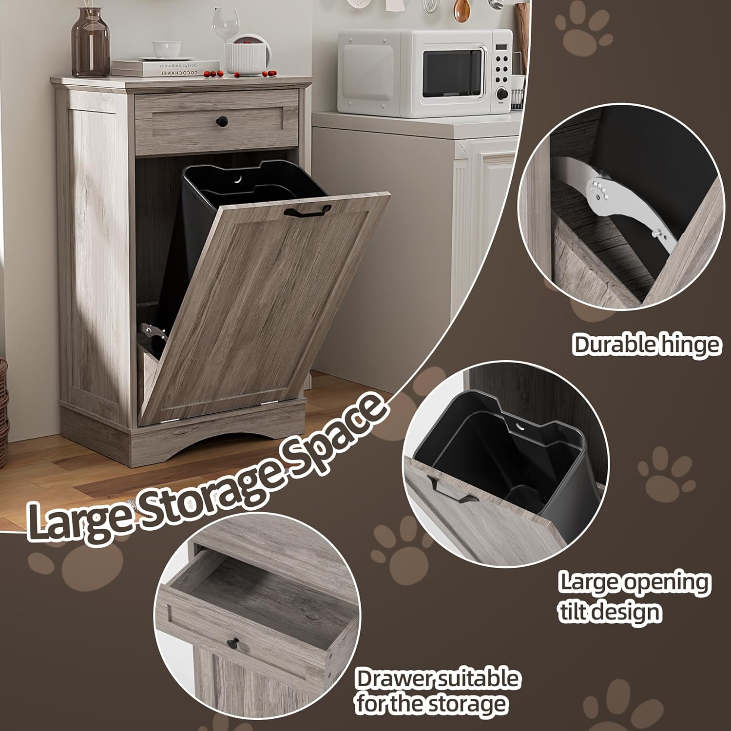 Spurgehom Trash Cabinet,Tilt Out 13 Gallon Trash Can Cabinets,Wooden FreeStanding Waste Bins Kitchen Cabinet with Hideaway Drawer and Pet Proof Trash Can Storage(Grey)