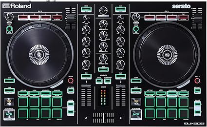 Roland DJ-202 Compact DJ Controller | 2-Channel, 4-Deck Controller for Serato DJ Lite | Large, Low-Latency Platters | Iconic Roland Drum Kit Sounds
