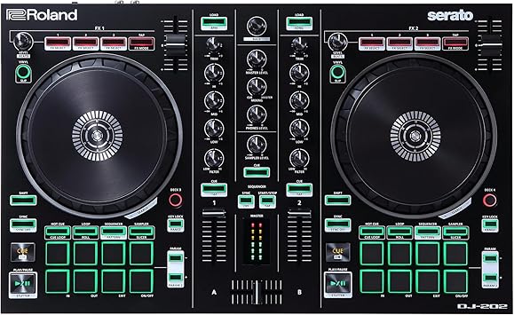 Roland DJ-202 Compact DJ Controller | 2-Channel, 4-Deck Controller for Serato DJ Lite | Large, Low-Latency Platters | Iconic Roland Drum Kit Sounds