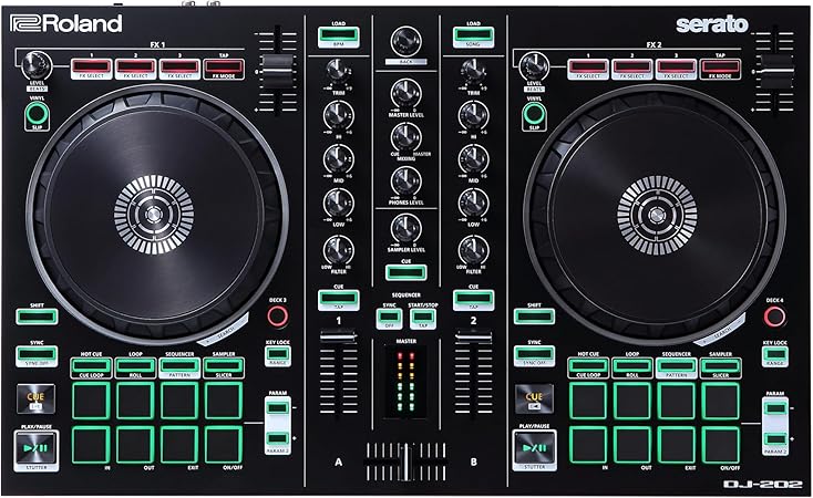 Roland DJ-202 Compact DJ Controller | 2-Channel, 4-Deck Controller for Serato DJ Lite | Large, Low-Latency Platters | Iconic Roland Drum Kit Sounds