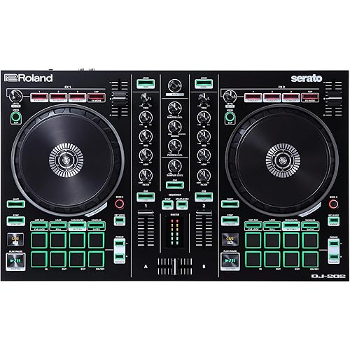 Roland DJ-202 Compact DJ Controller | 2-Channel, 4-Deck Controller for Serato DJ Lite | Large, Low-Latency Platters | Iconic Roland Drum Kit Sounds