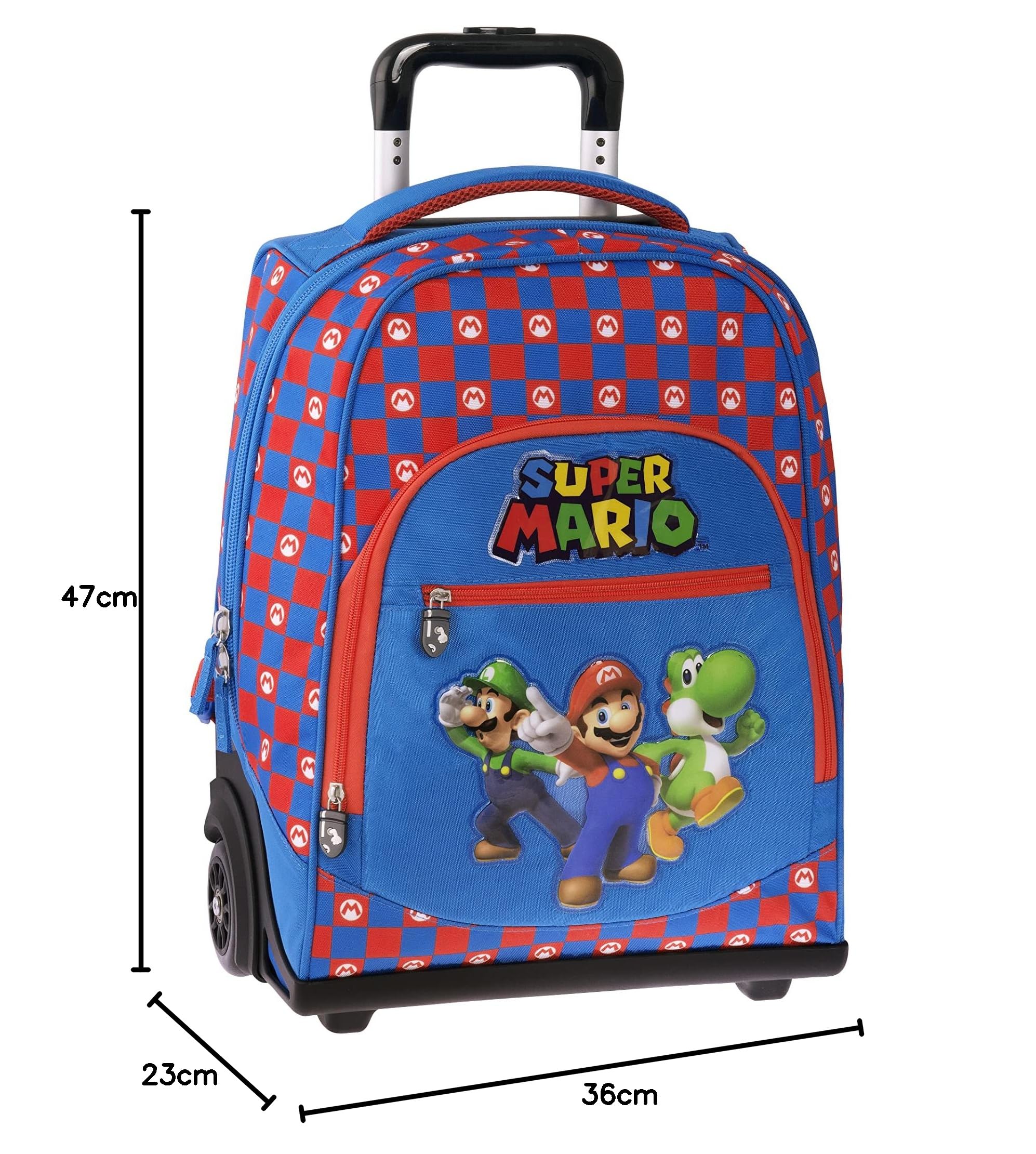 Super Mario – Mochila escolar con ruedas oficial Super Mario con asa ajustable, correas acolchadas y ajustables, bolsillo frontal y cierres de cremallera, 32 x 47 x 21 cm, turquesa, Talla única,