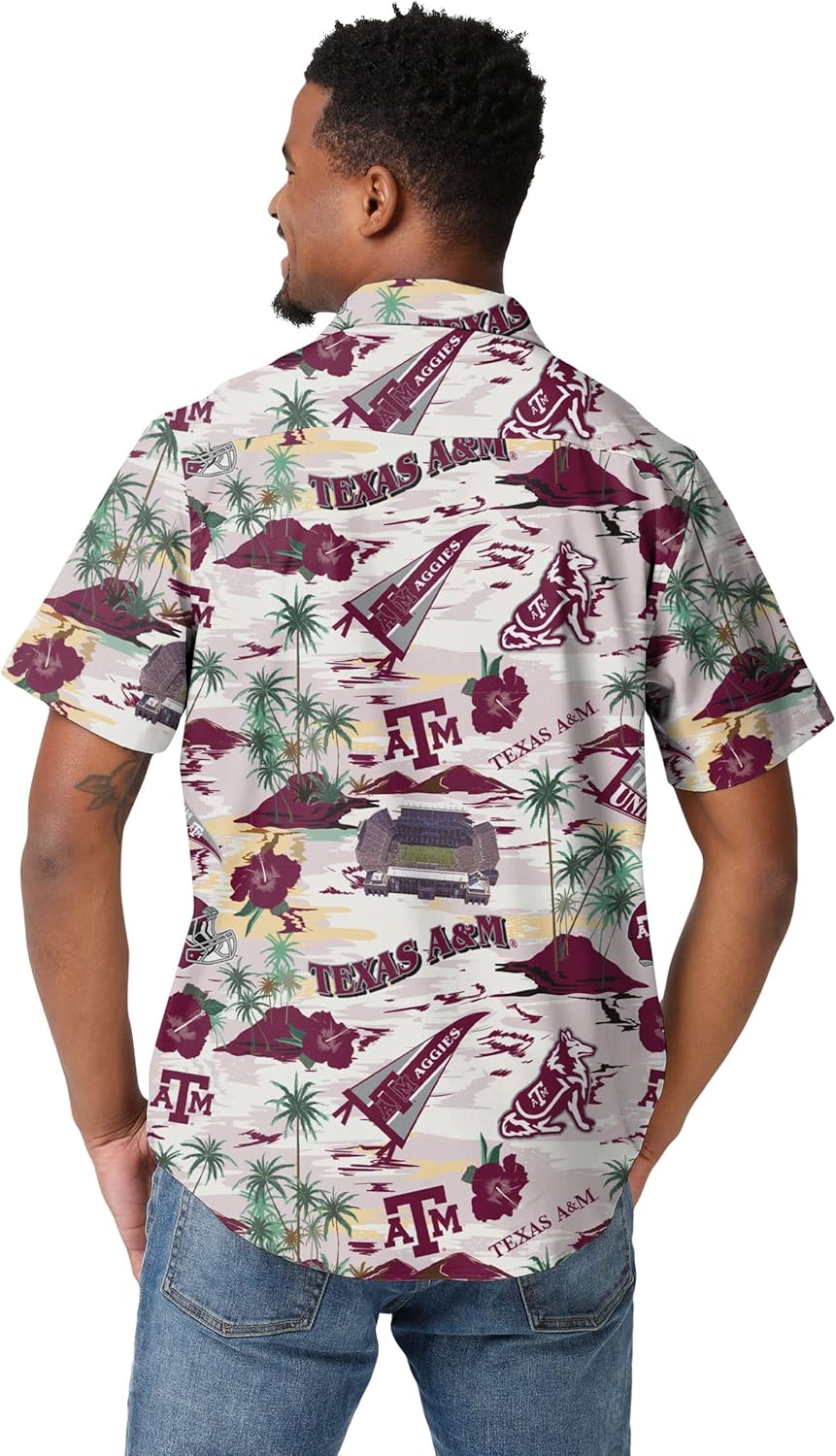 FOCO NCAA Mens NCAA College Team Logo Floral Tropical Thematic Stadium Print Button Up Shirt - Image 3