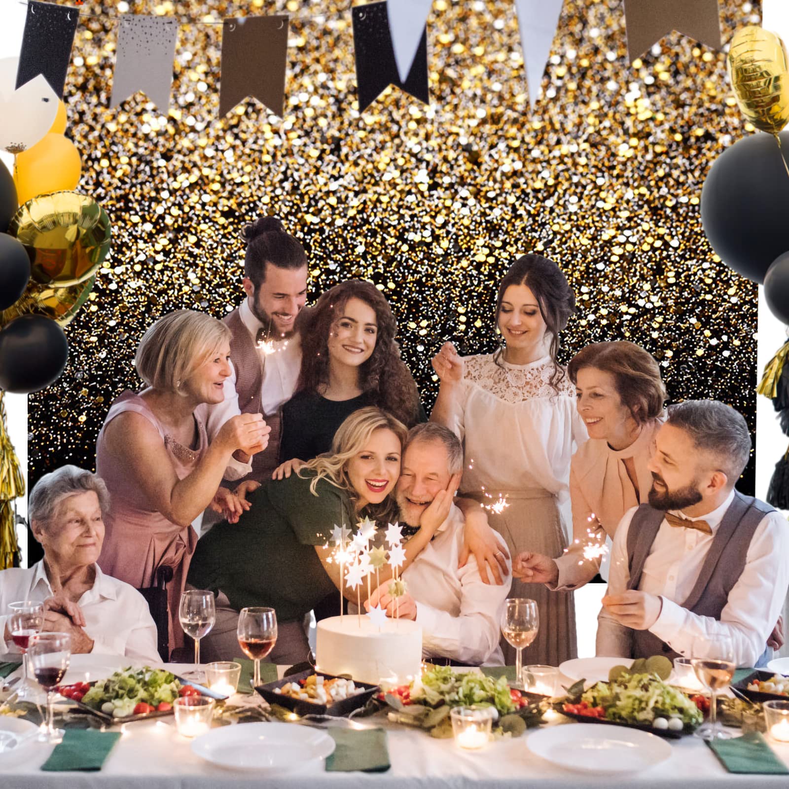 MAQTT 7x5 FT Black And Gold Bokeh Party Backdrop Photo