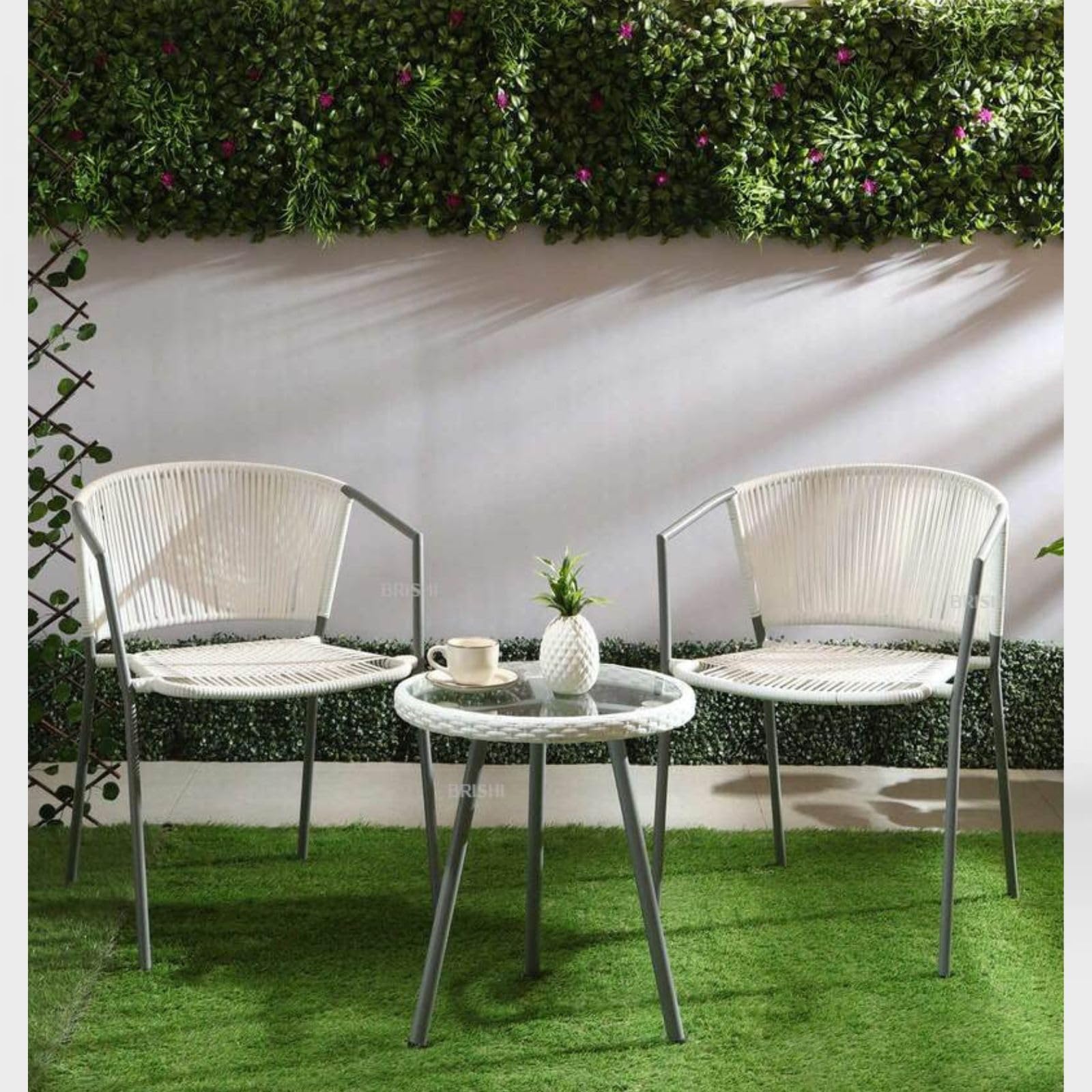 BRISHI Garden Patio Seating Chair and Table Set Outdoor Balcony Garden Coffee Table Set Furniture with 1 Table and 2 Chairs Set (White)-image-0