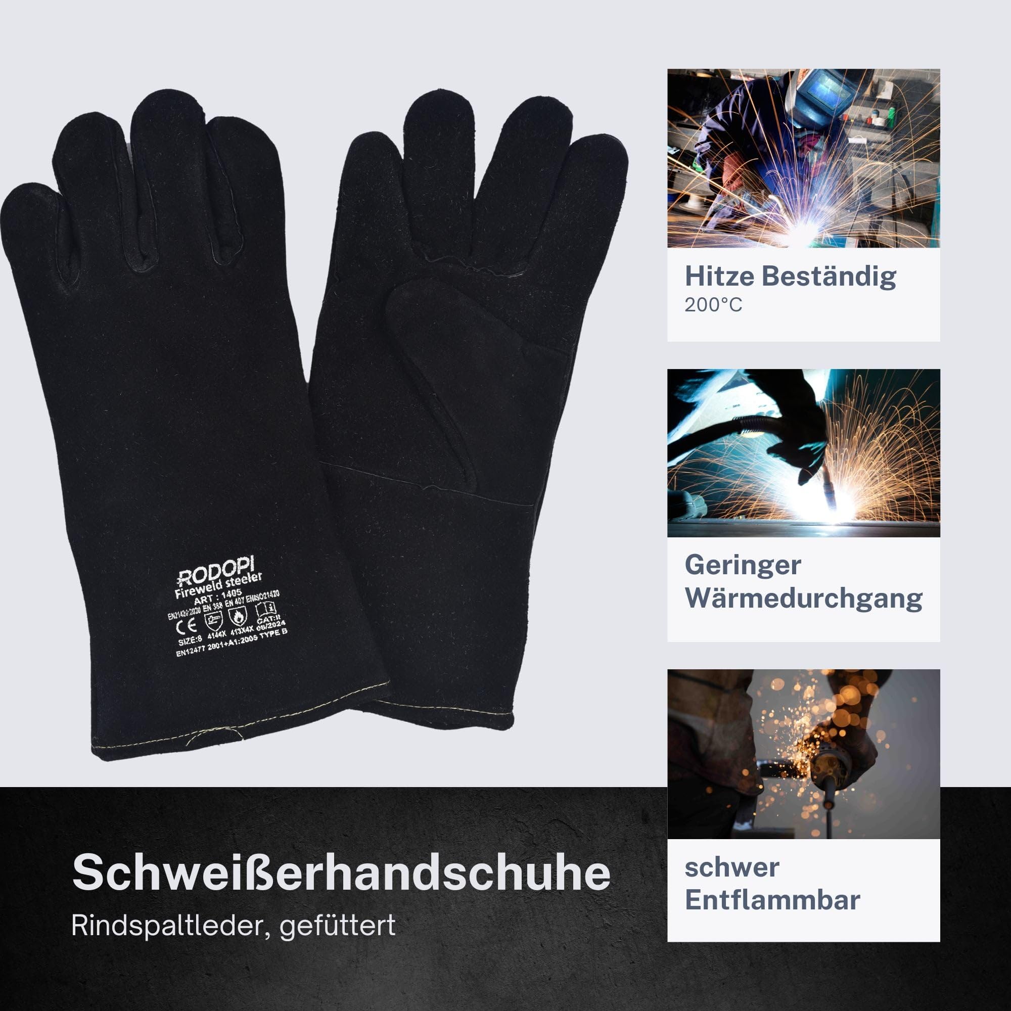 RODOPI Schweißerhandschuhe Schwarz FIREWELD-Steeler 1-10 Paar Gefüttert Rindspaltleder Arbeitshandschuhe für Damen und Herren | Gr. 8-11 | EN 12477 Typ A, EN 388, EN 407 | Hitzebeständig, Abriebfest