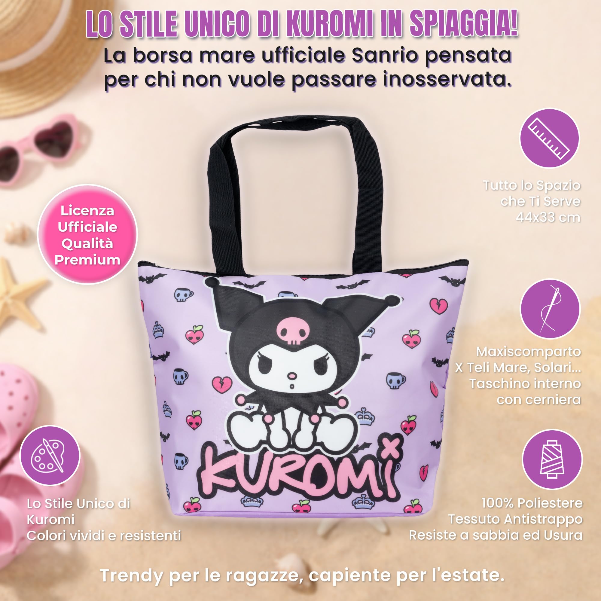 Hello Kitty Friends Borsa Mare Kuromi | Borsa Spiaggia Ragazza Grande 44x33cm | Borsa Piscina Tessuto Impermeabile Monoscomparto con Tasca Zip | Regalo Sanrio Viola