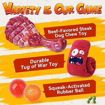 KIPRITII Long-Lasting Heavy Dog Chew Toys for Aggressive Chewers 6 Pack Tough Dog Toys Include Indestructible Chew Bone, Interactive Tug Toys & Squeaky Balls, Ideal for Medium & Large Breeds Dogs