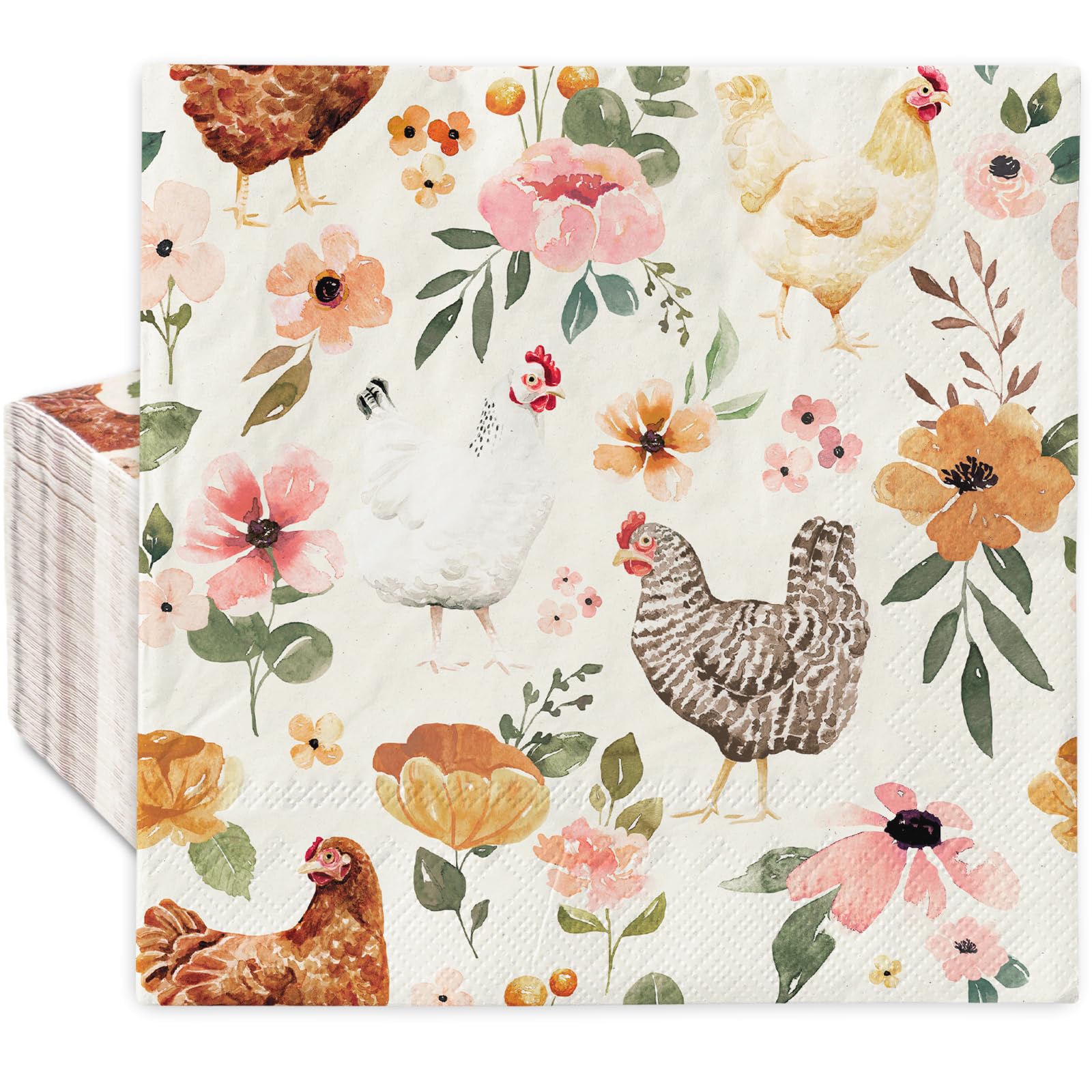 80Pcs Hens Paper Napkins Watercolor Floral Chicken Disposable Luncheon Napkin Rustic Flower Poultry Dessert Dinner Hand Napkin for Farmhouse Supplies