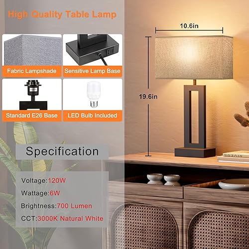 Miniatura 6 de Juego de 2 lámparas de mesa de noche para dormitorio, lámpara de noche táctil con USB C+A, lámparas de sala de estar regulables de 3 vías para mesas