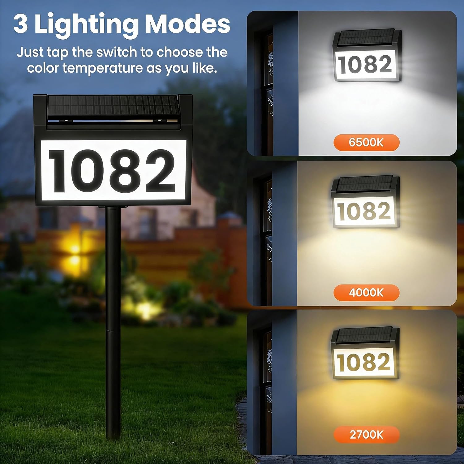 TECKNET Solar Address Sign, Waterproof Solar Powered House Numbers, 3-Color LED Illuminated Address Plaques with Stake, Wall Mounted/In Ground Lighted Address Number for Outside Home, Yard, Garden