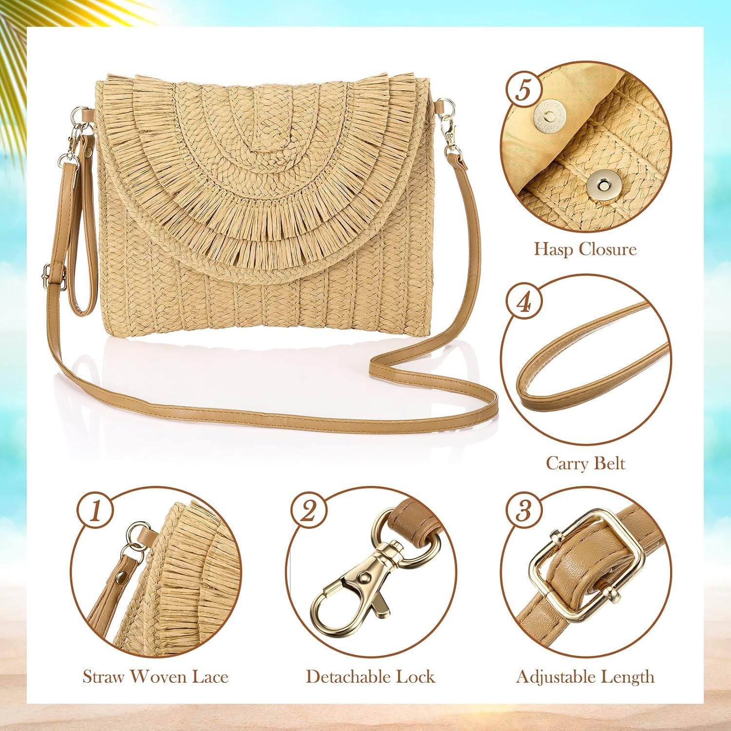 Frienda Straw Shoulder Bag Straw Clutch Purse Women Crossbody Bag Summer Beach Shoulder Bags Envelope Wallet Handbags