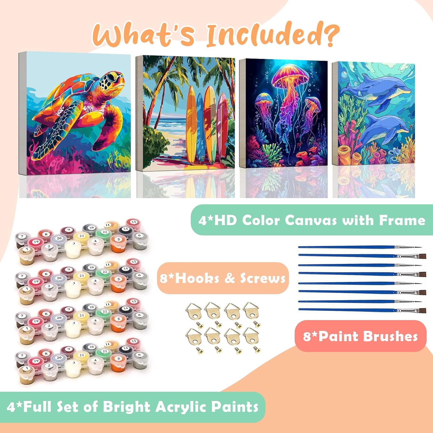 6 Pack Paint by Numbers Kit for Kids Animal Easy Kid Paint by Number Kits Ages 8-12 Beach DIY Painting Kits for Kids Age 4-8 Beginner Paint by Number Canvas with Frame Children Color by Numbers Kit