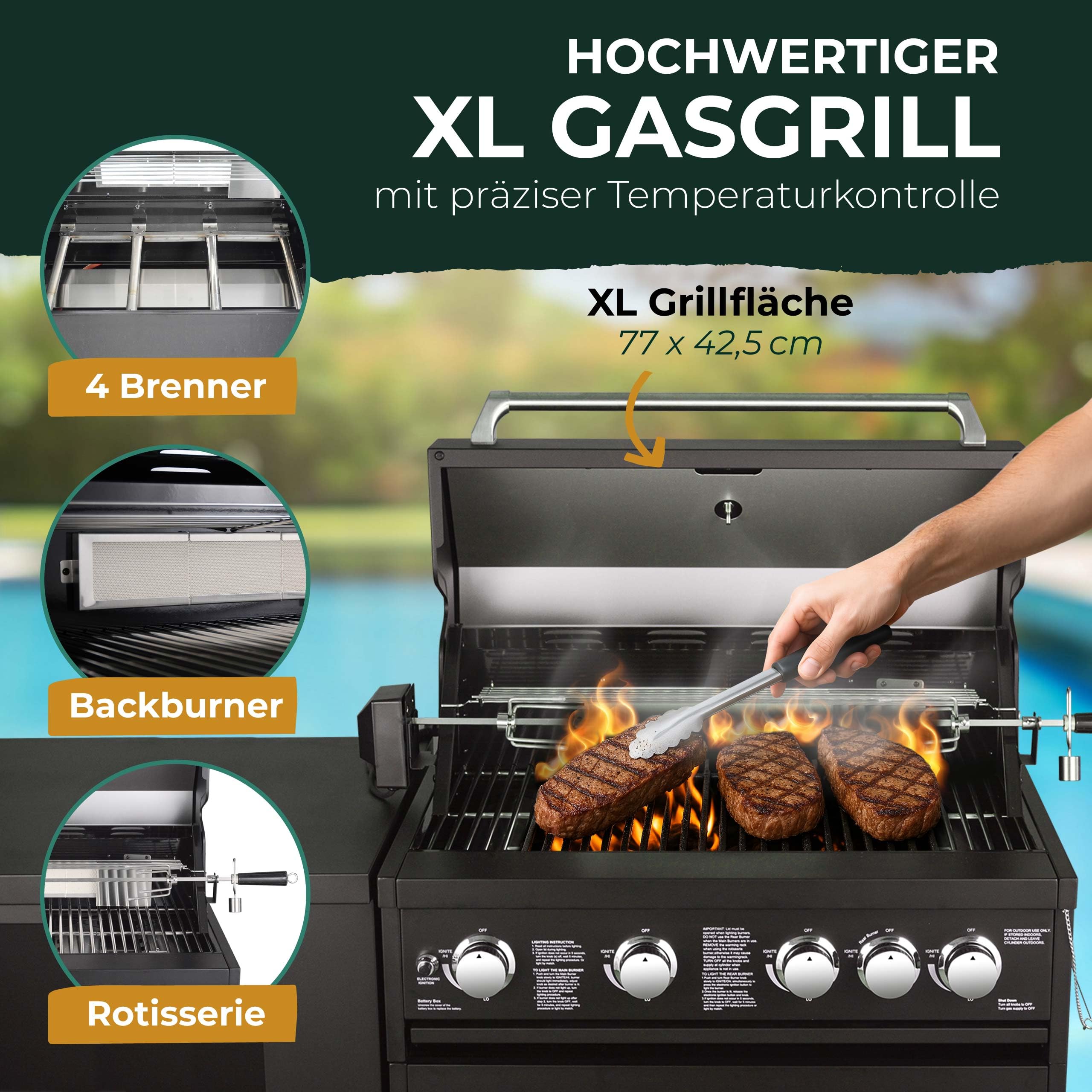Serie BBQTitan 292x66x129cm 4 fuochi + fornello posteriore (incl. girarrosto, illuminazione interna e copertura)