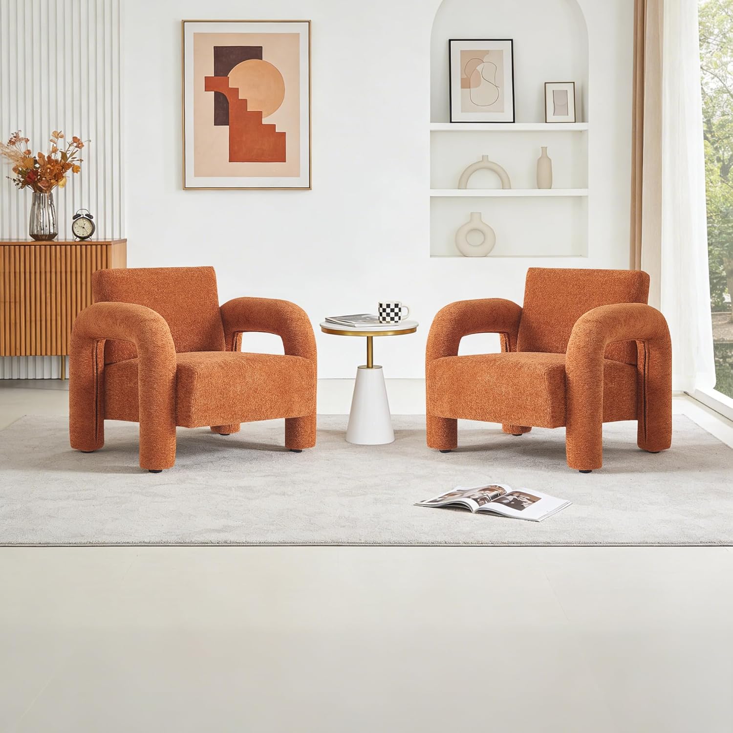 33.5" Modern Accent Chair Set of 2, Sherpa Fabric Living Room Chair, 2 pcs Conversation Chair, Comfy Upholstered Sofa Chair,Leisure Armchair for Living Room (Orange)