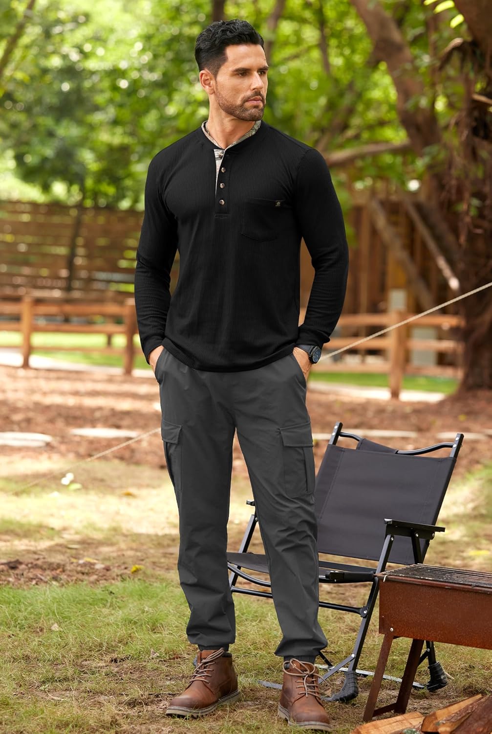 Men's Long Sleeve Waffle Henley Shirt Vintage Button T-Shirt with Pocket S-3XL - Image 8