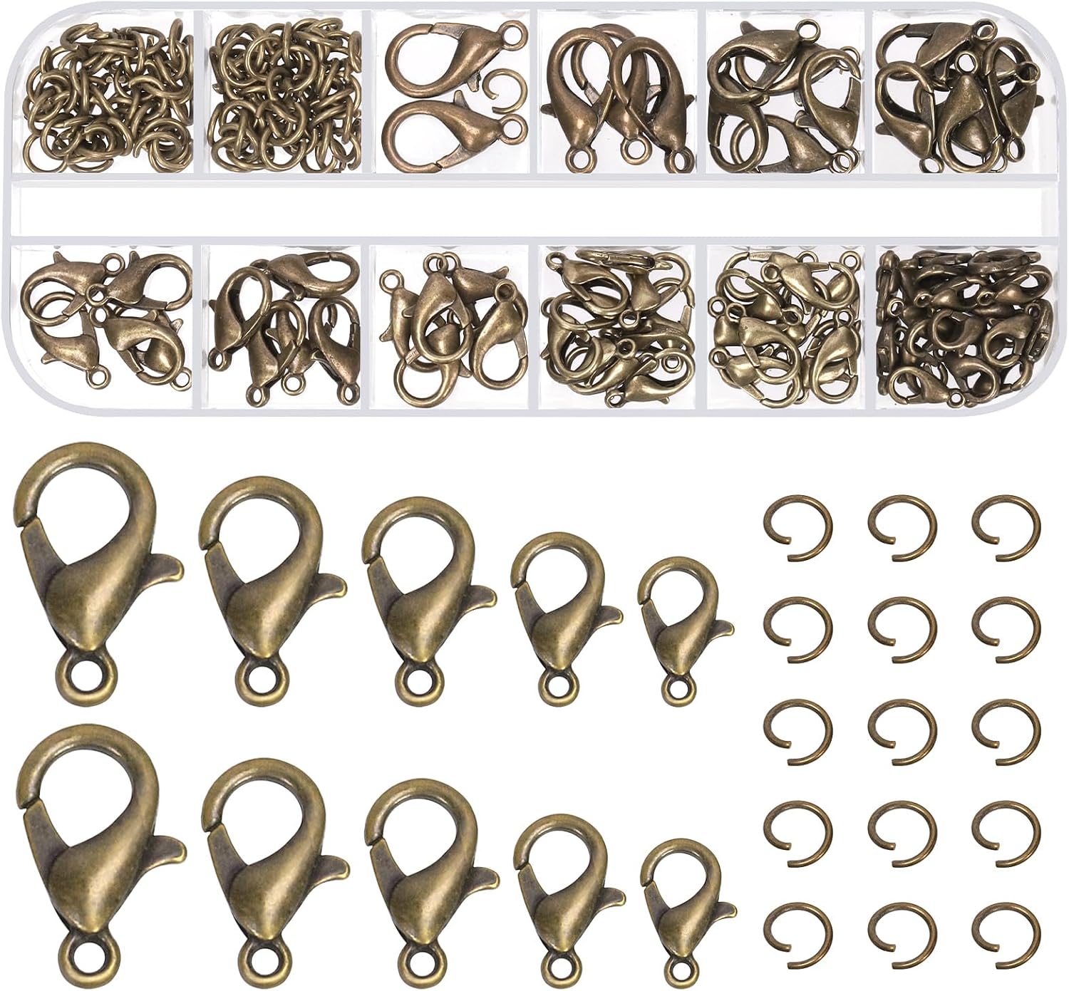 Glarks 170Pcs Bronze Lobster Claw Clasp with Open Jump Rings Kit 10mm 12mm 14mm 16mm 18mm Necklace Clasps for Bracelet Necklace Jewelry Making