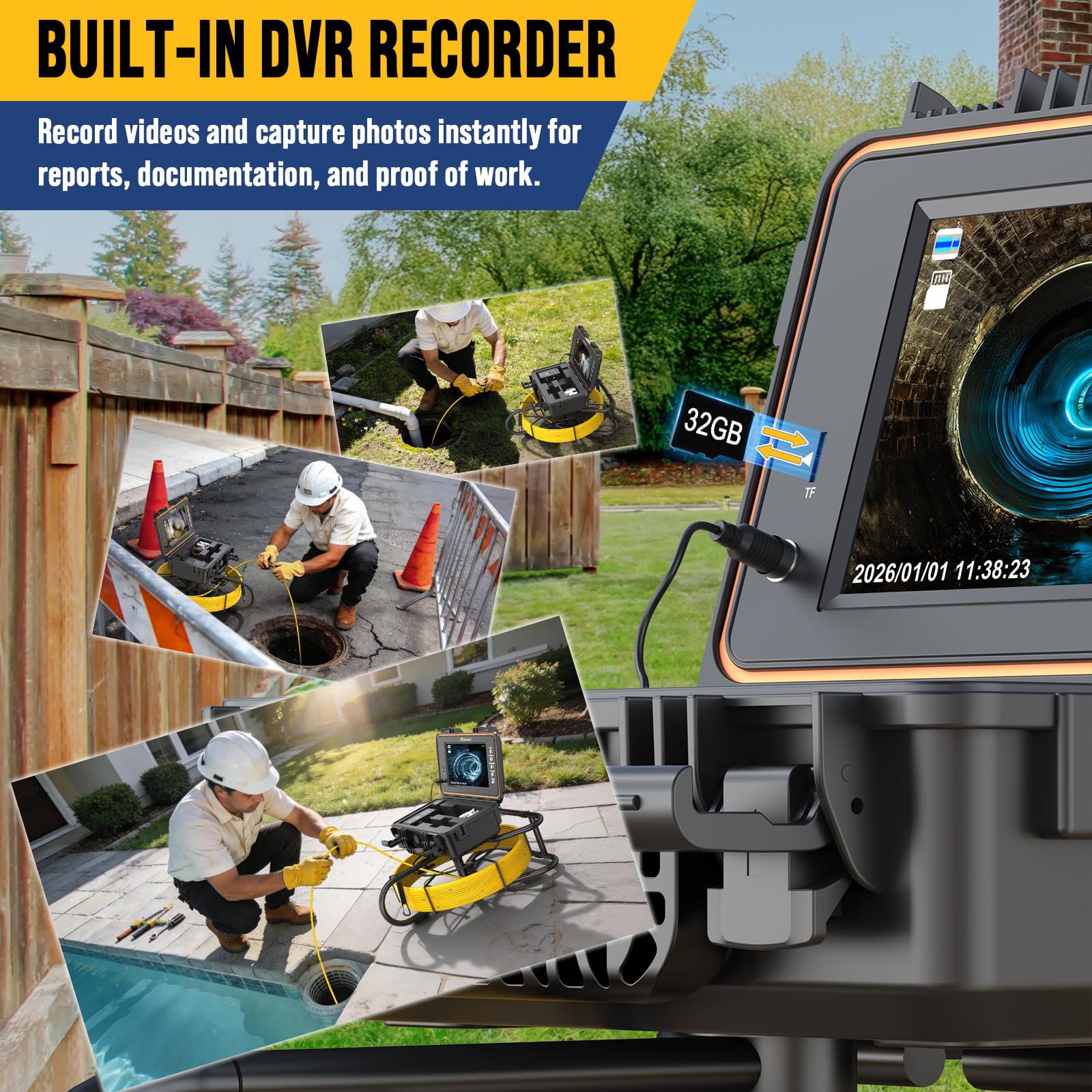 Anysun Caméra d’inspection avec Auto-nivellement, 50M Caméra Canalisation Émetteur 512Hz, 23mm 1080P HD Endoscope Canalisation IP68 Étanche, Écran IPS 9", Câble 7mm, DVR & Carte 32GB, Batterie 5100mAh