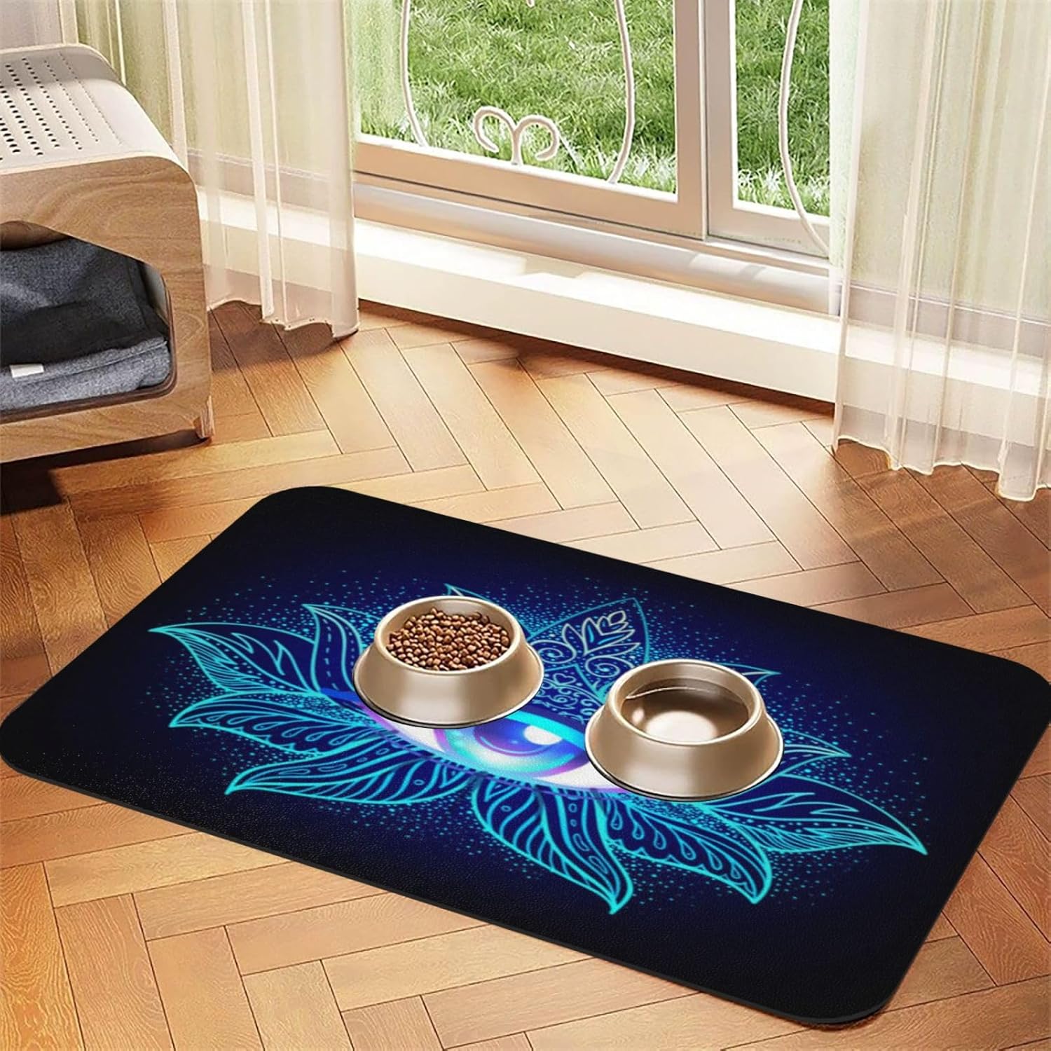 Mandala Evil Eyes Greek Pet Feeding Mat-Absorbent Quick Dry Pet Cat Dog Food Mat Non Slip Waterproof Rubber Dish Placemat