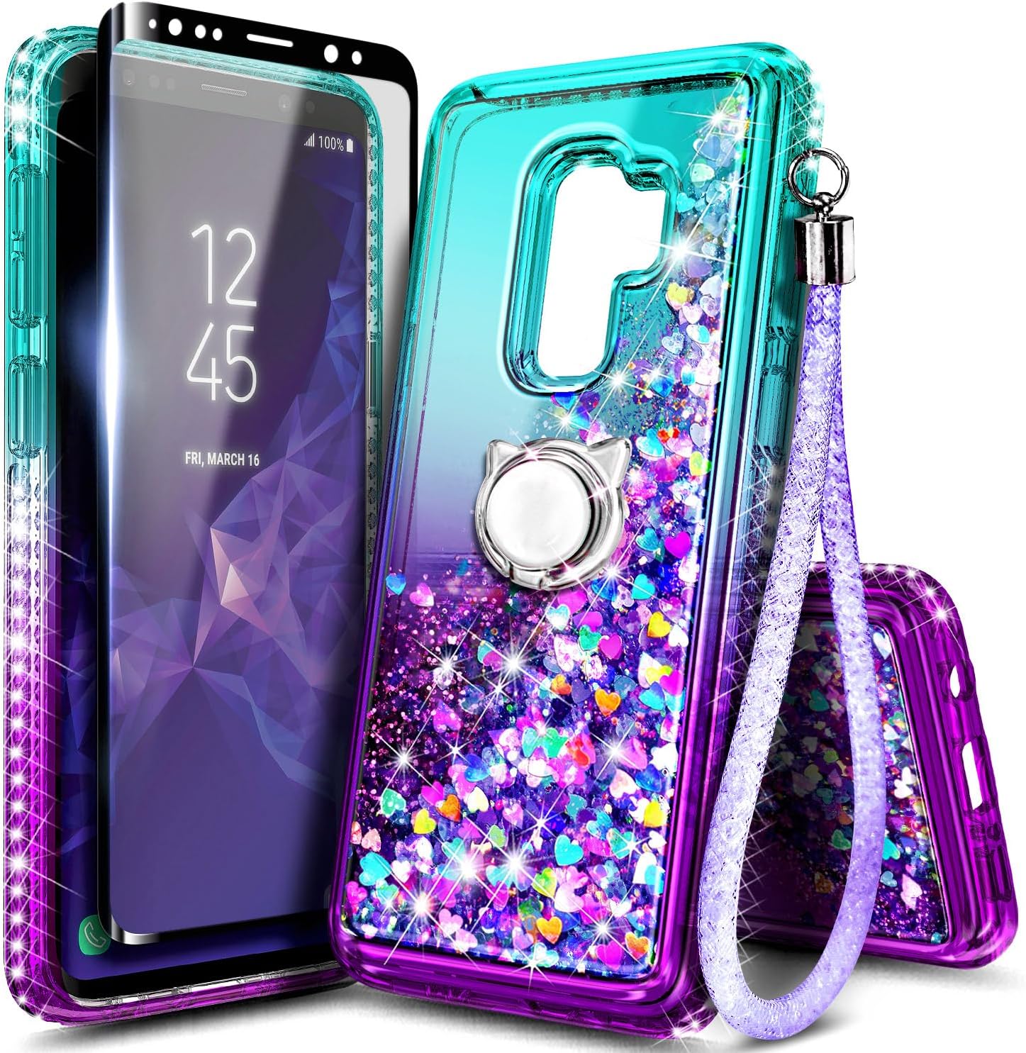 Case for Samsung Galaxy S9 Plus with Screen Protector (Maximum Coverage, Flexible TPU Film), Ring Holder/Wrist Strap, Glitter Flowing Liquid Girls Women Kids Cute Case -Aqua/Purple