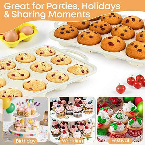 Miniatura 6 de Molde de silicona para magdalenas de 12 tazas, bandeja antiadherente para hornear cupcakes con asas, molde de silicona de grado alimenticio para